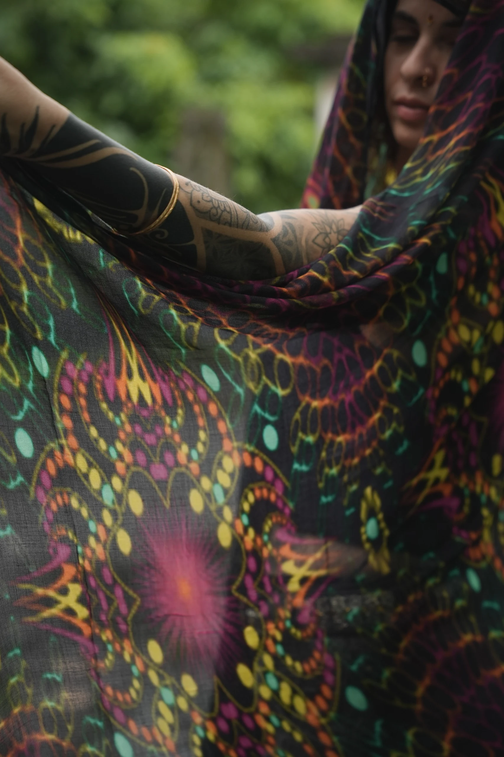 Bamboo Tropical Floral Wrap, Lightweight Boho Scarf, Neon Jungle Print (100x200cm) — view 4