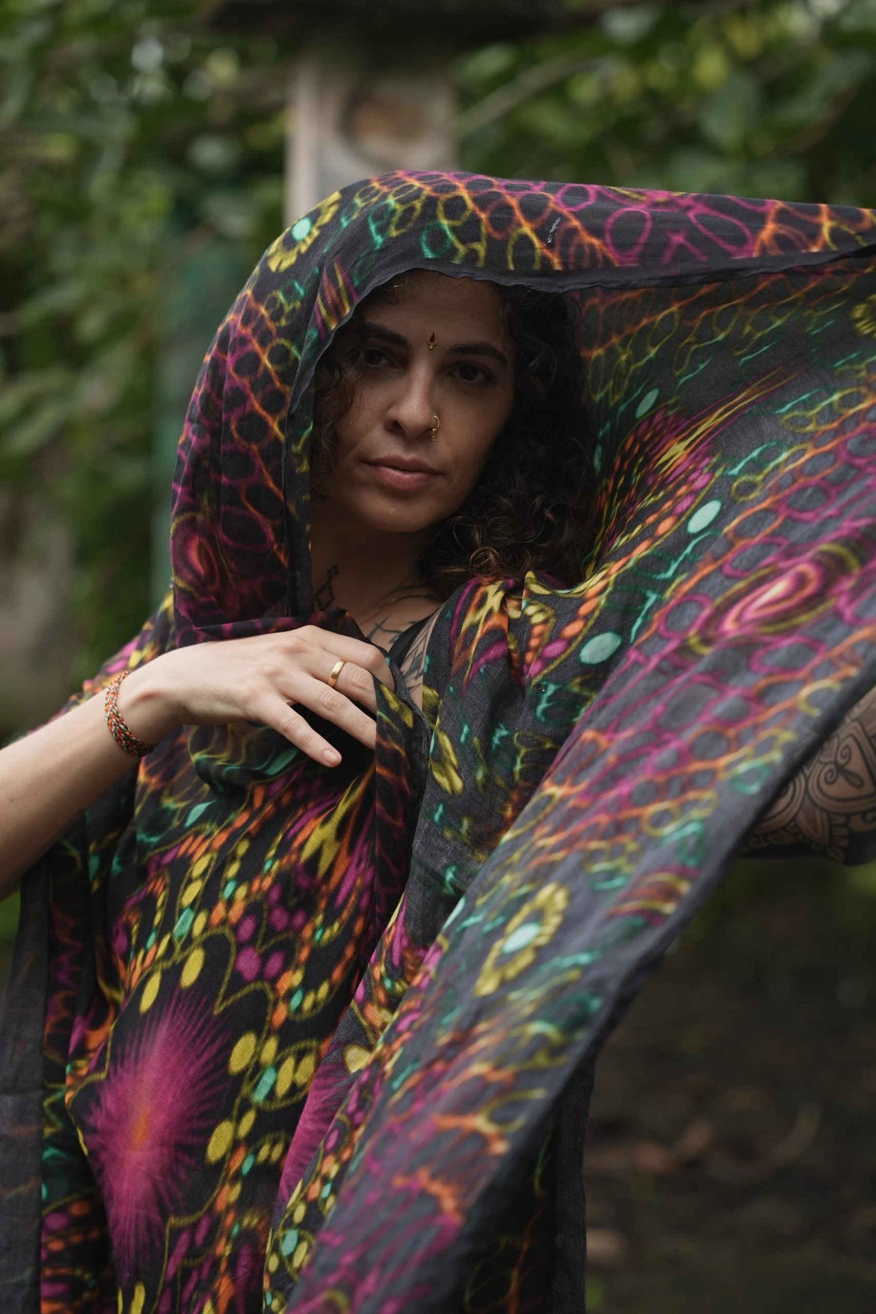 Bamboo Tropical Floral Wrap, Lightweight Boho Scarf, Neon Jungle Print (100x200cm) — view 5