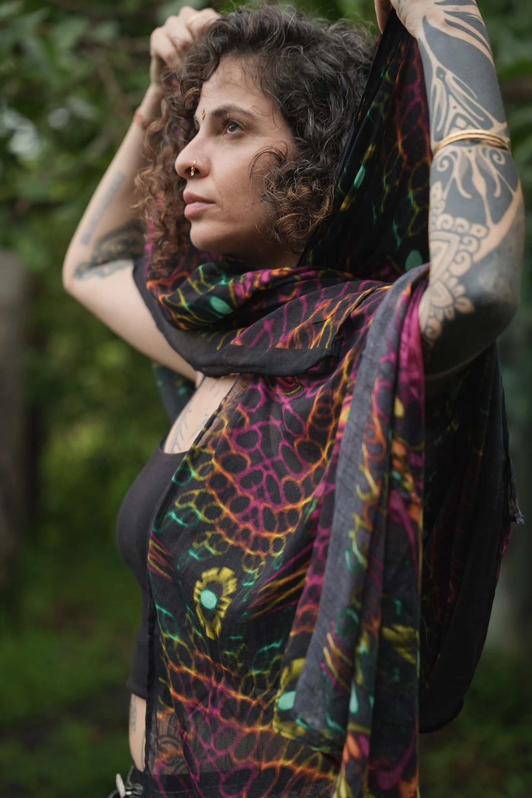 Bamboo Tropical Floral Wrap, Lightweight Boho Scarf, Neon Jungle Print (100x200cm) — view 6