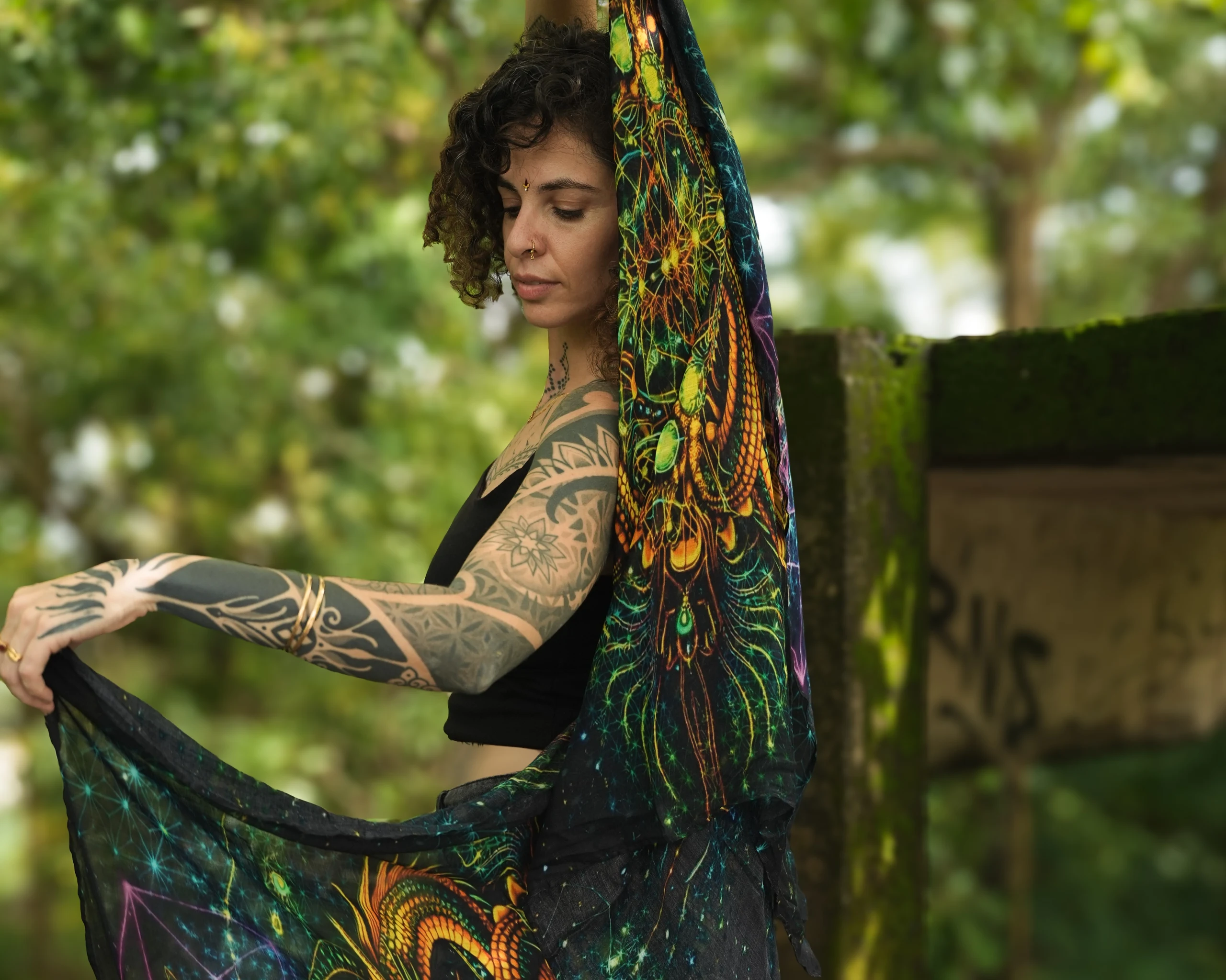 Dragon Bloom Bamboo Scarf, Floral Print, Lightweight Wrap, Japanese Style Shawl
