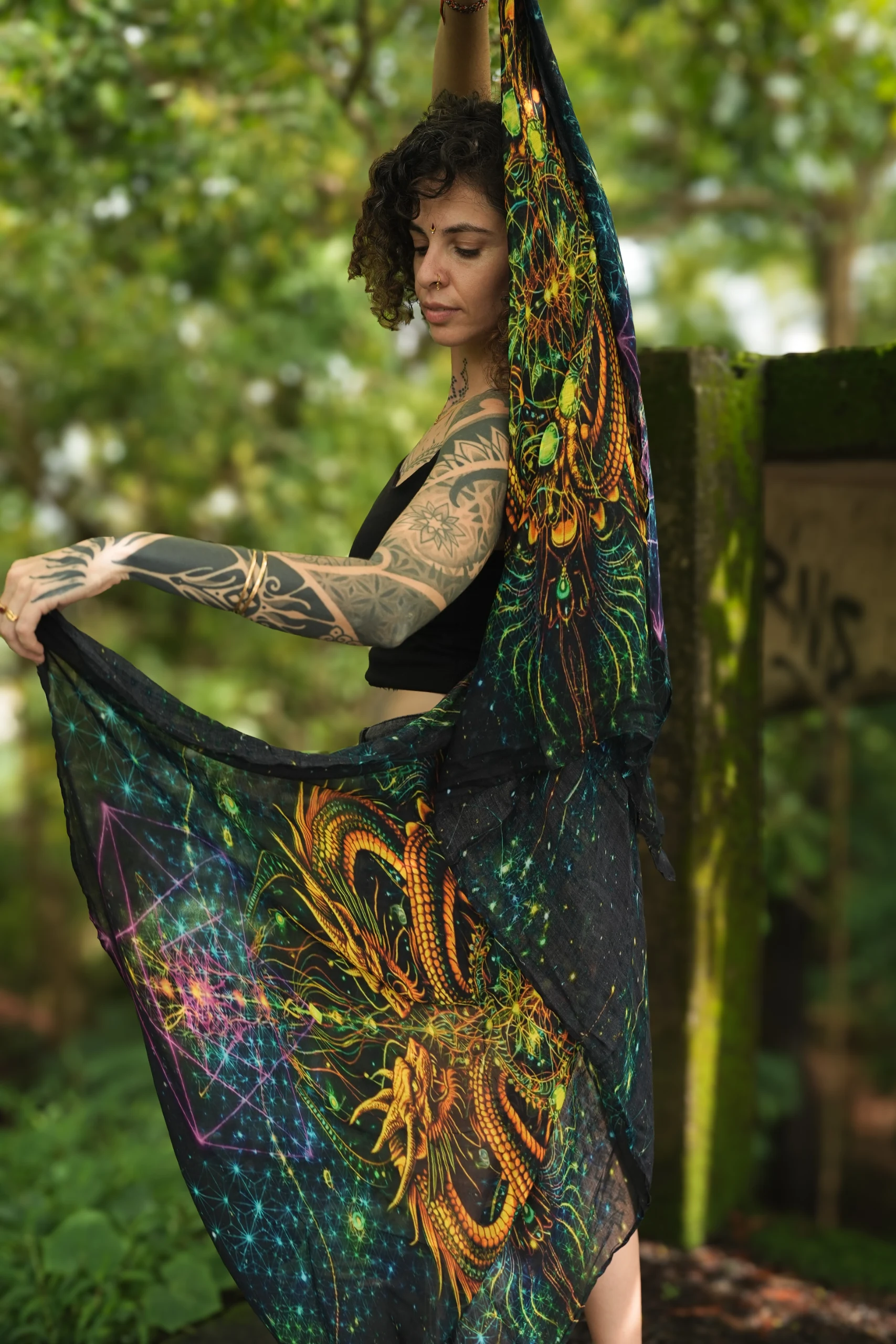 Dragon Bloom Bamboo Scarf, Floral Print, Lightweight Wrap, Japanese Style Shawl — view 5