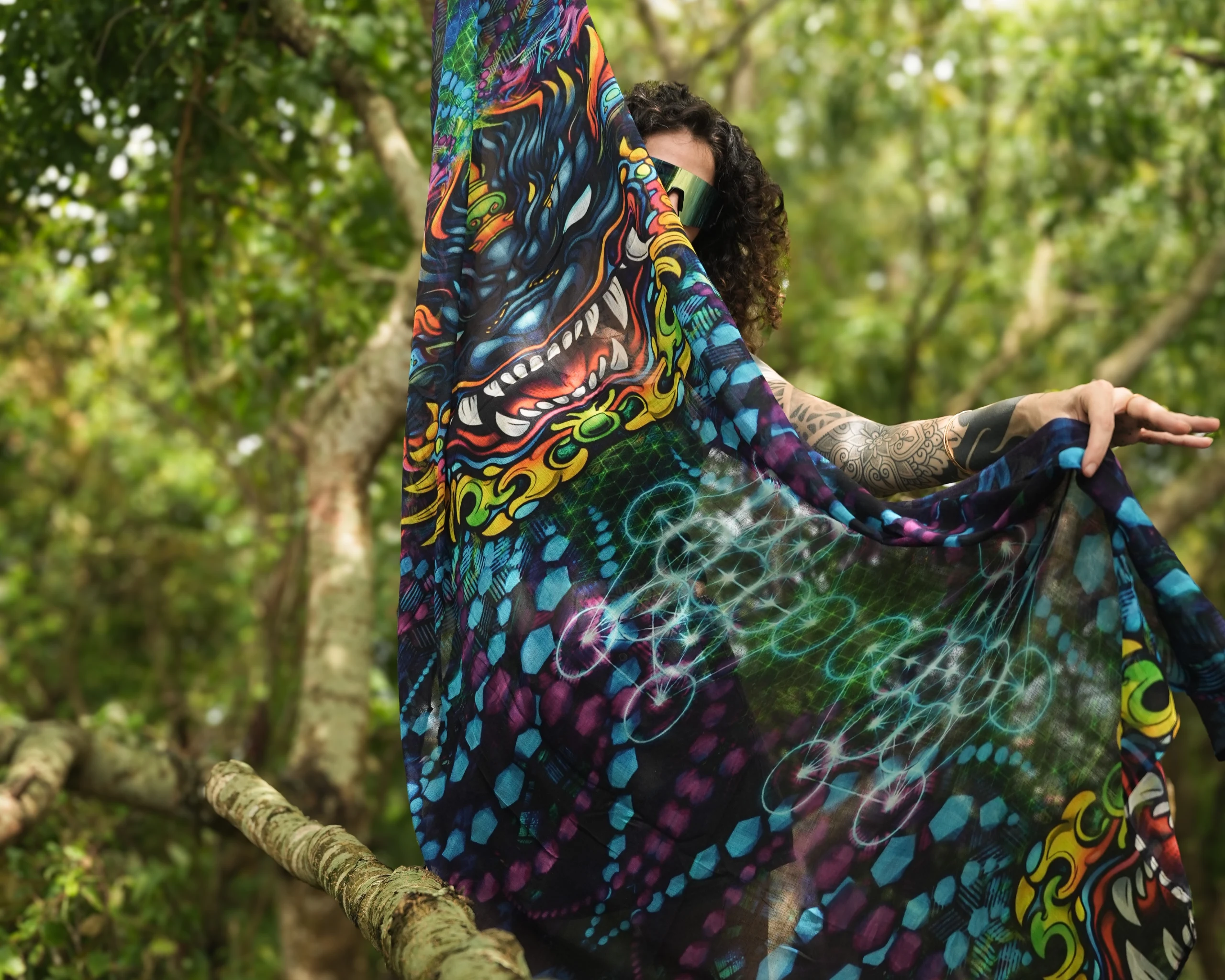Mystic Skull Mandala Bamboo Shawl, Psychedelic Boho Festival Wrap (Unisex)