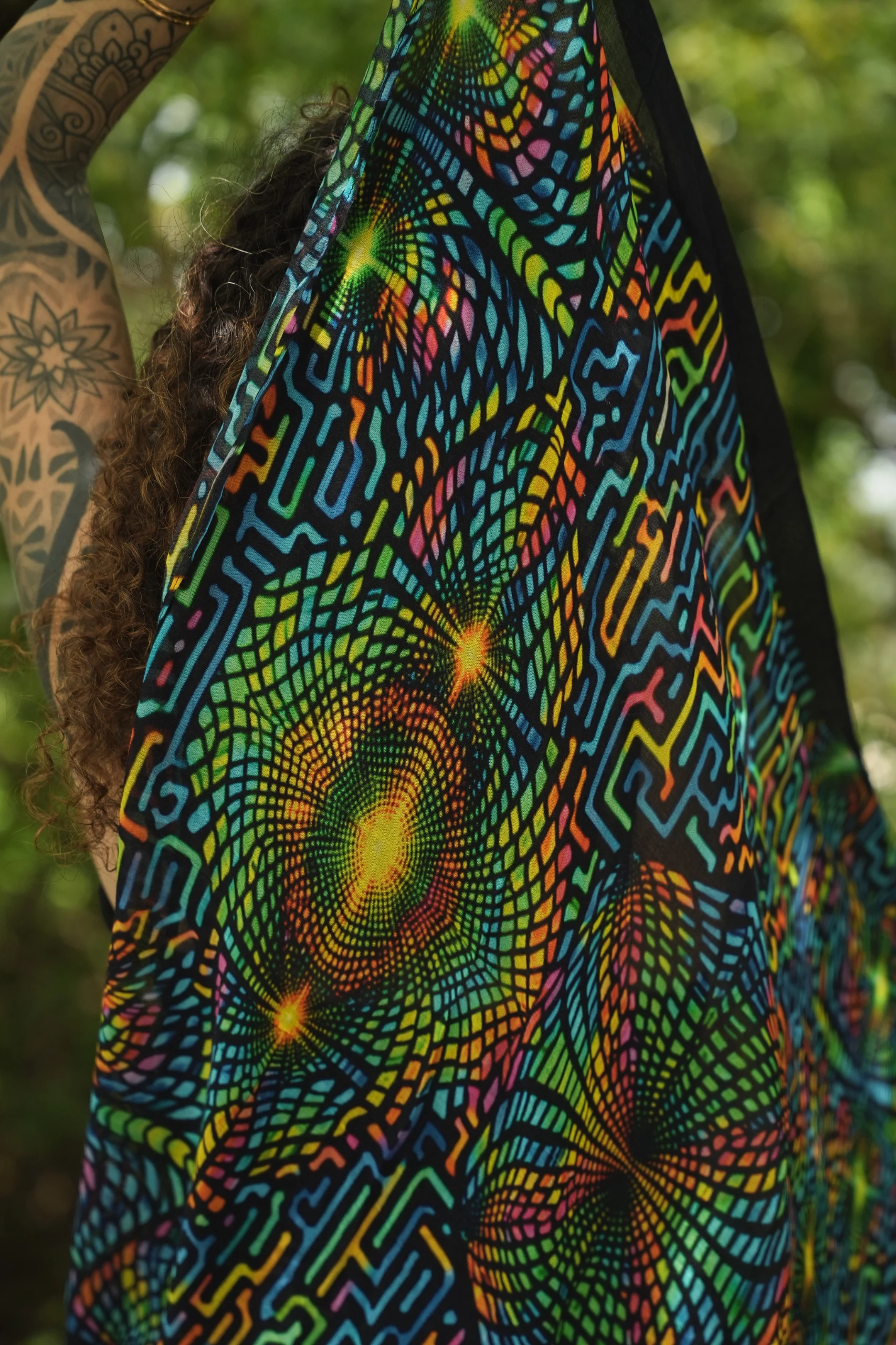 Psychedelic Geometric Bamboo Shawl, Multicolor Festival Wrap, Boho Printed Scarf — view 3
