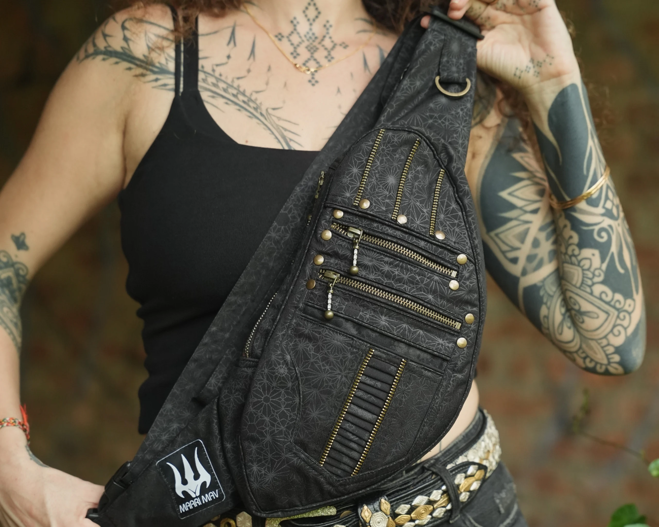 Handmade Black Canvas Mandala Sling Bag, Psytrance Festival Accessory, Geometric Texture