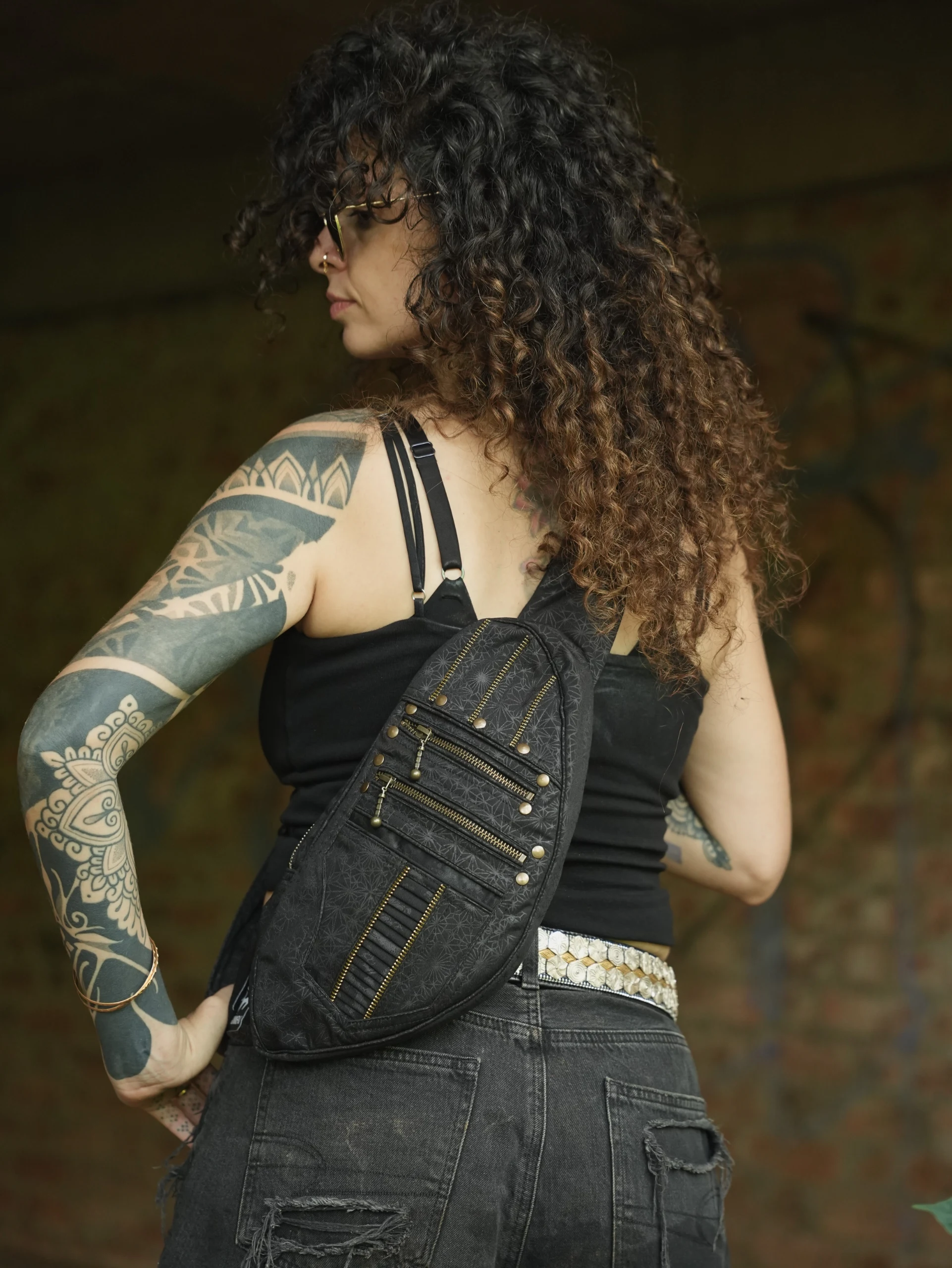 Handmade Black Canvas Mandala Sling Bag, Psytrance Festival Accessory, Geometric Texture — view 5