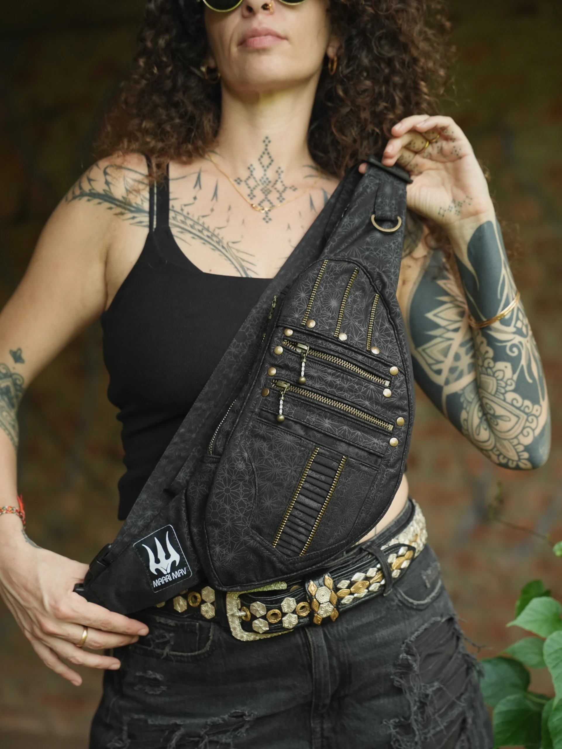 Handmade Black Canvas Mandala Sling Bag, Psytrance Festival Accessory, Geometric Texture — view 6