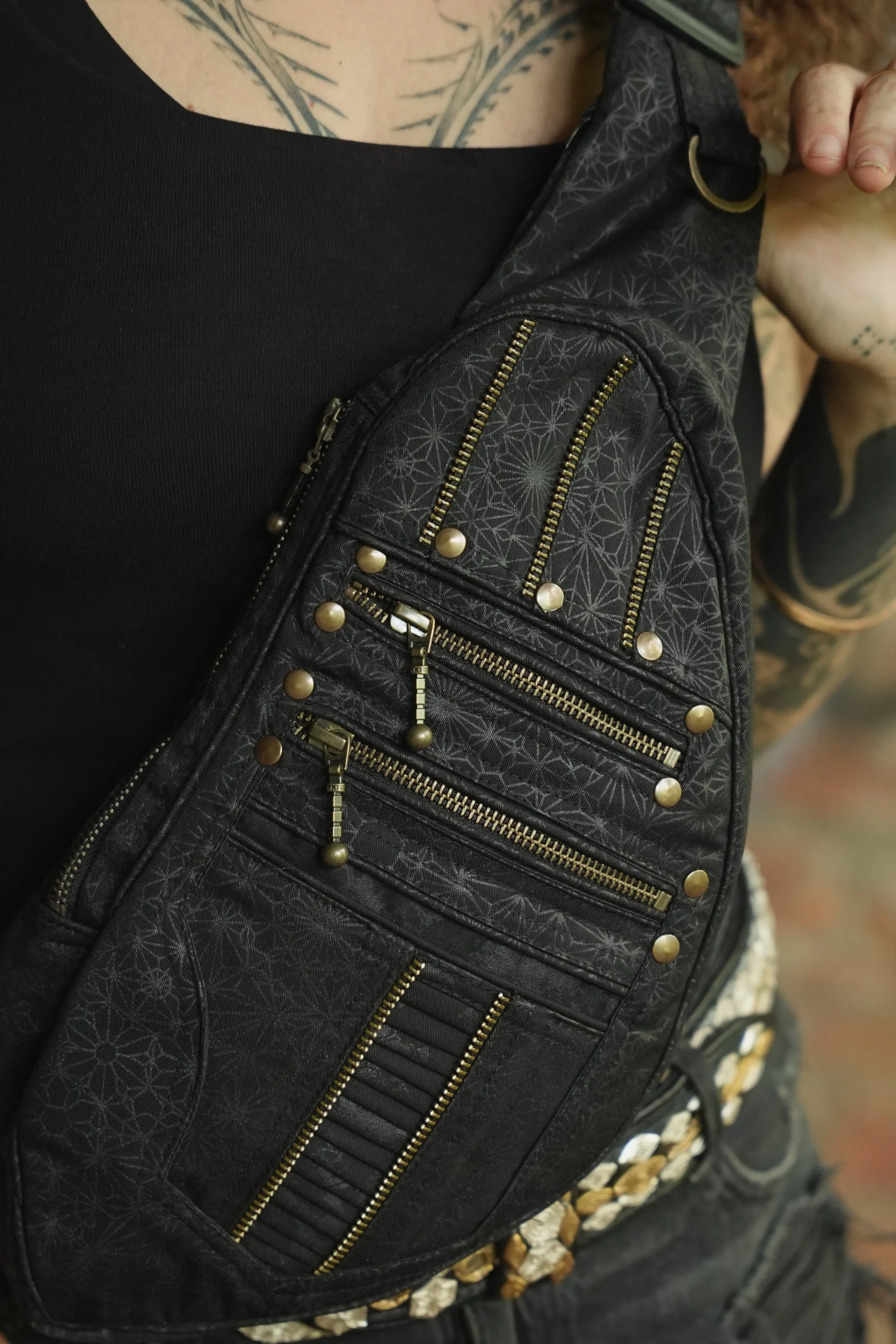 Handmade Black Canvas Mandala Sling Bag, Psytrance Festival Accessory, Geometric Texture — view 8