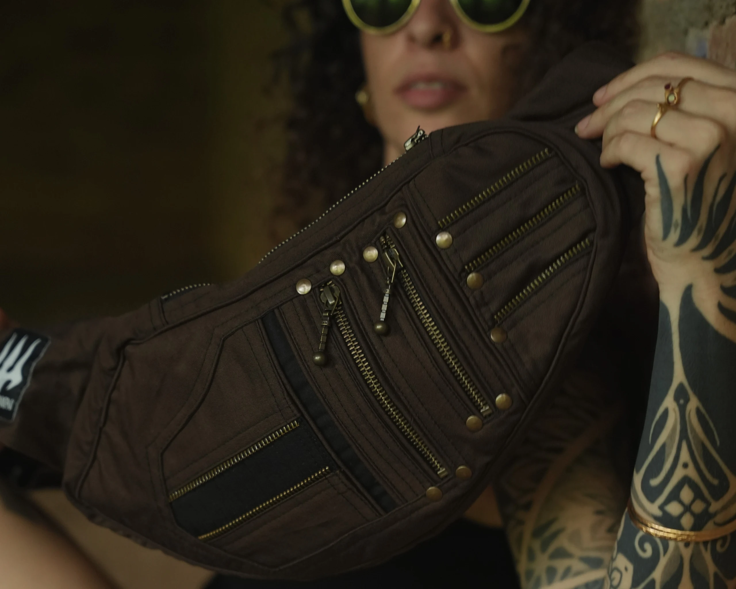 Handmade Dark Brown Psywear Sling Bag, Geometric Patchwork Festival Crossbody (Canvas)