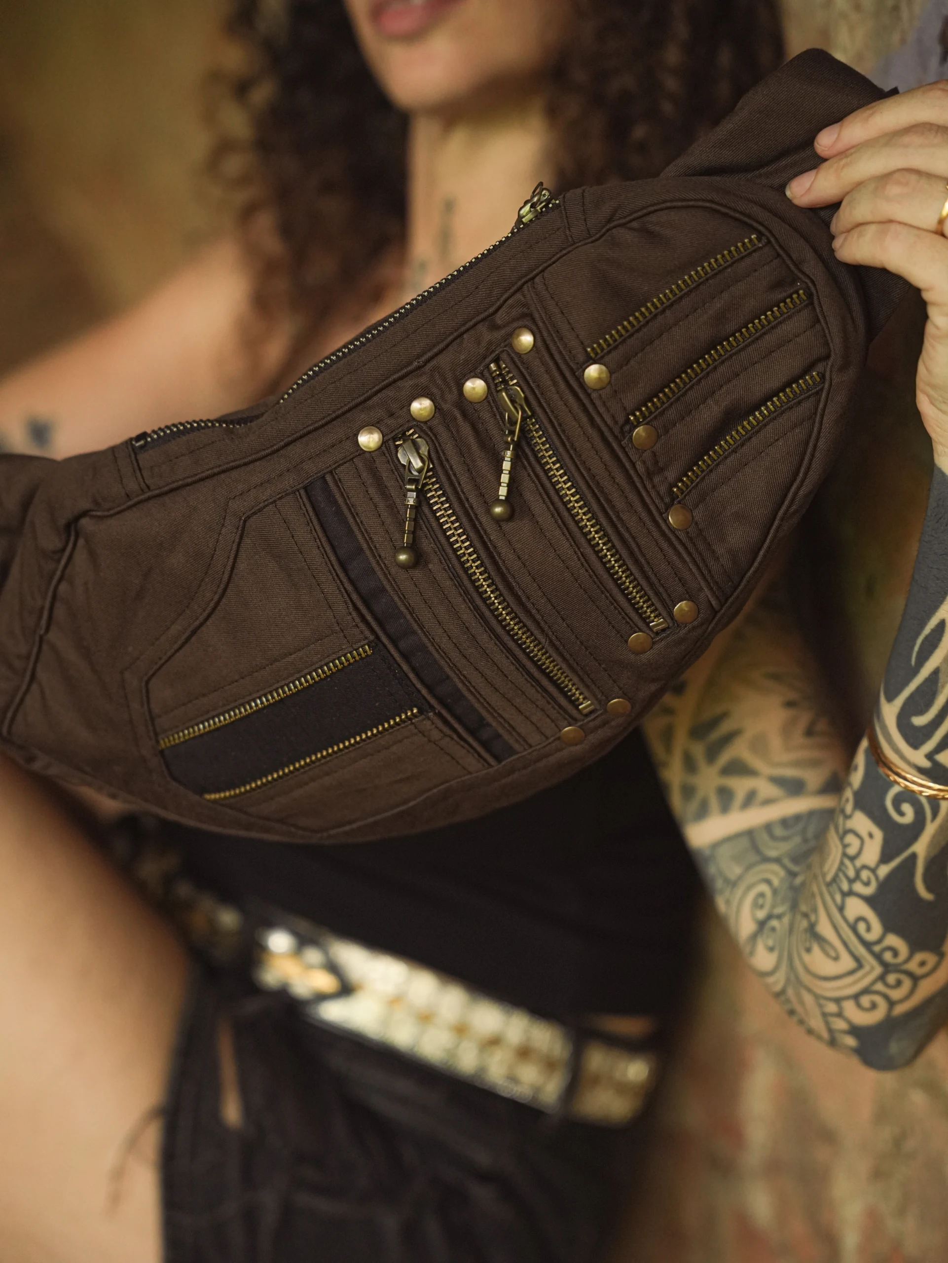 Handmade Dark Brown Psywear Sling Bag, Geometric Patchwork Festival Crossbody (Canvas) — view 5