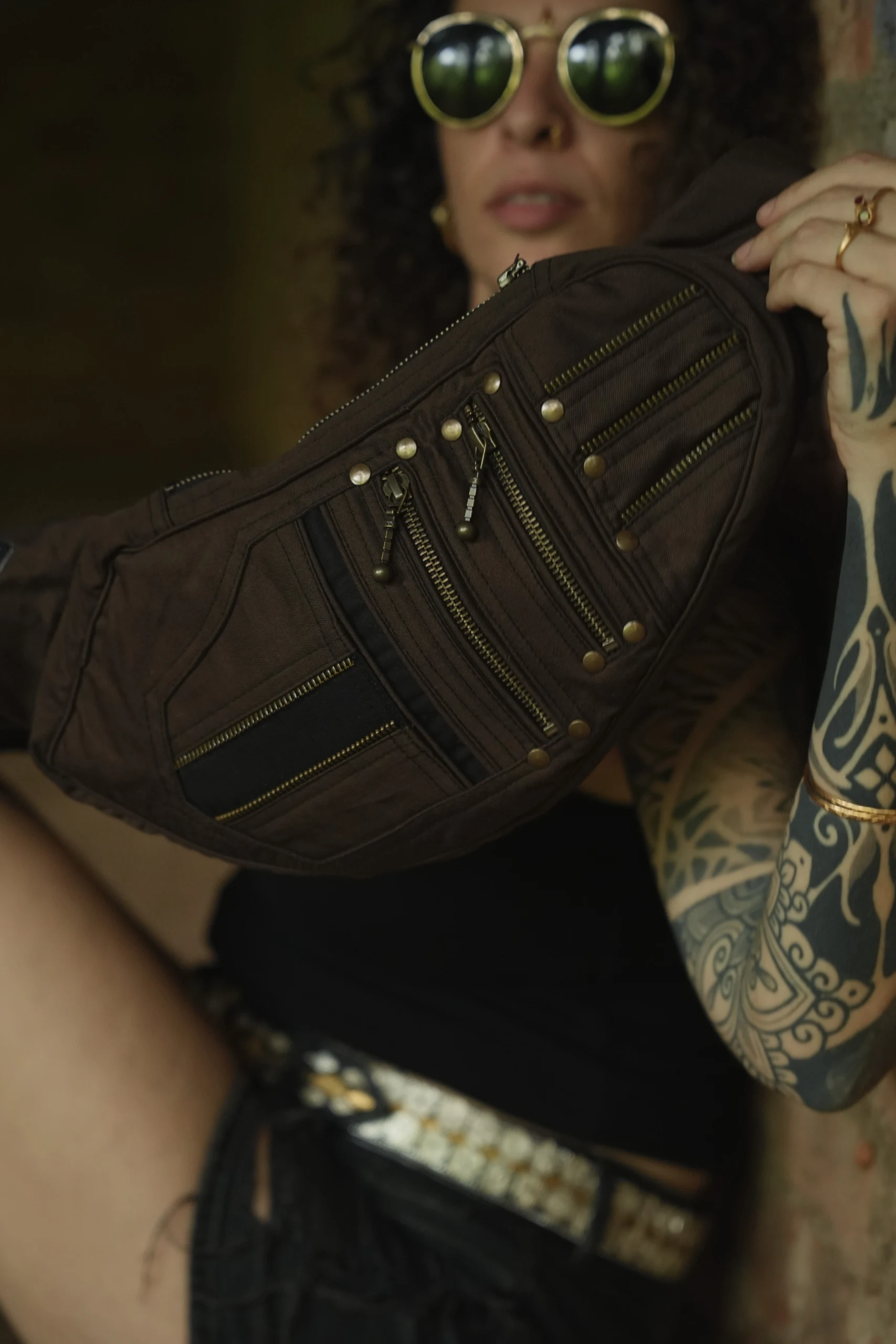 Handmade Dark Brown Psywear Sling Bag, Geometric Patchwork Festival Crossbody (Canvas) — view 7