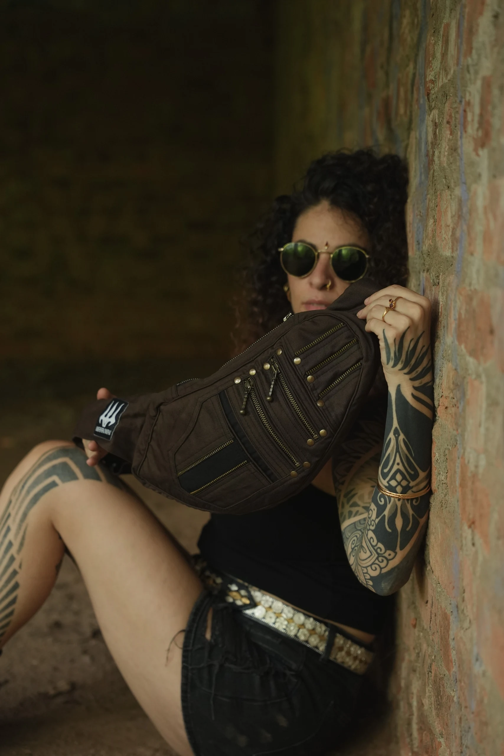 Handmade Dark Brown Psywear Sling Bag, Geometric Patchwork Festival Crossbody (Canvas) — view 8