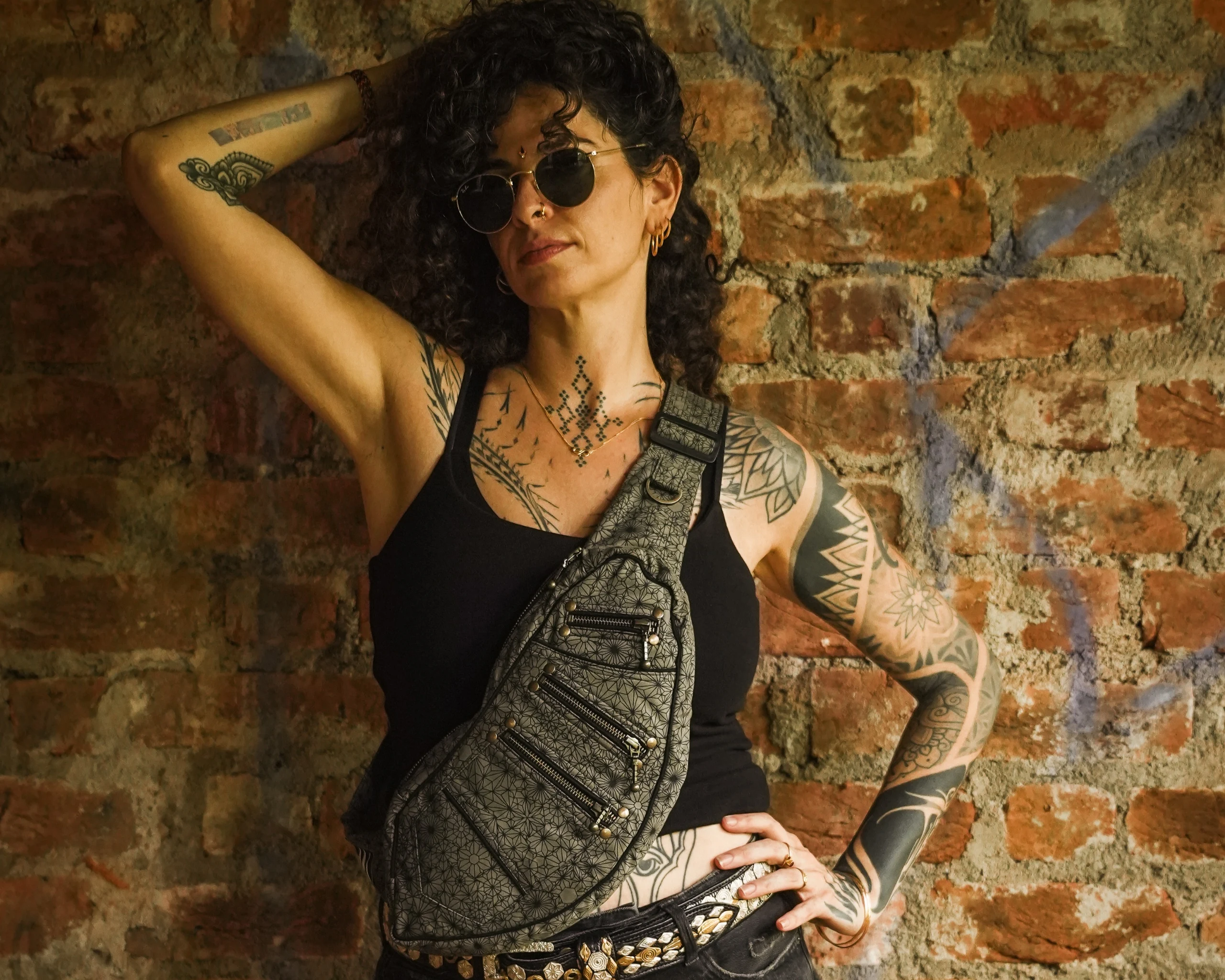 Handmade Olive Psywear Sling Bag, Mandala Geometric Festival Crossbody (Canvas)