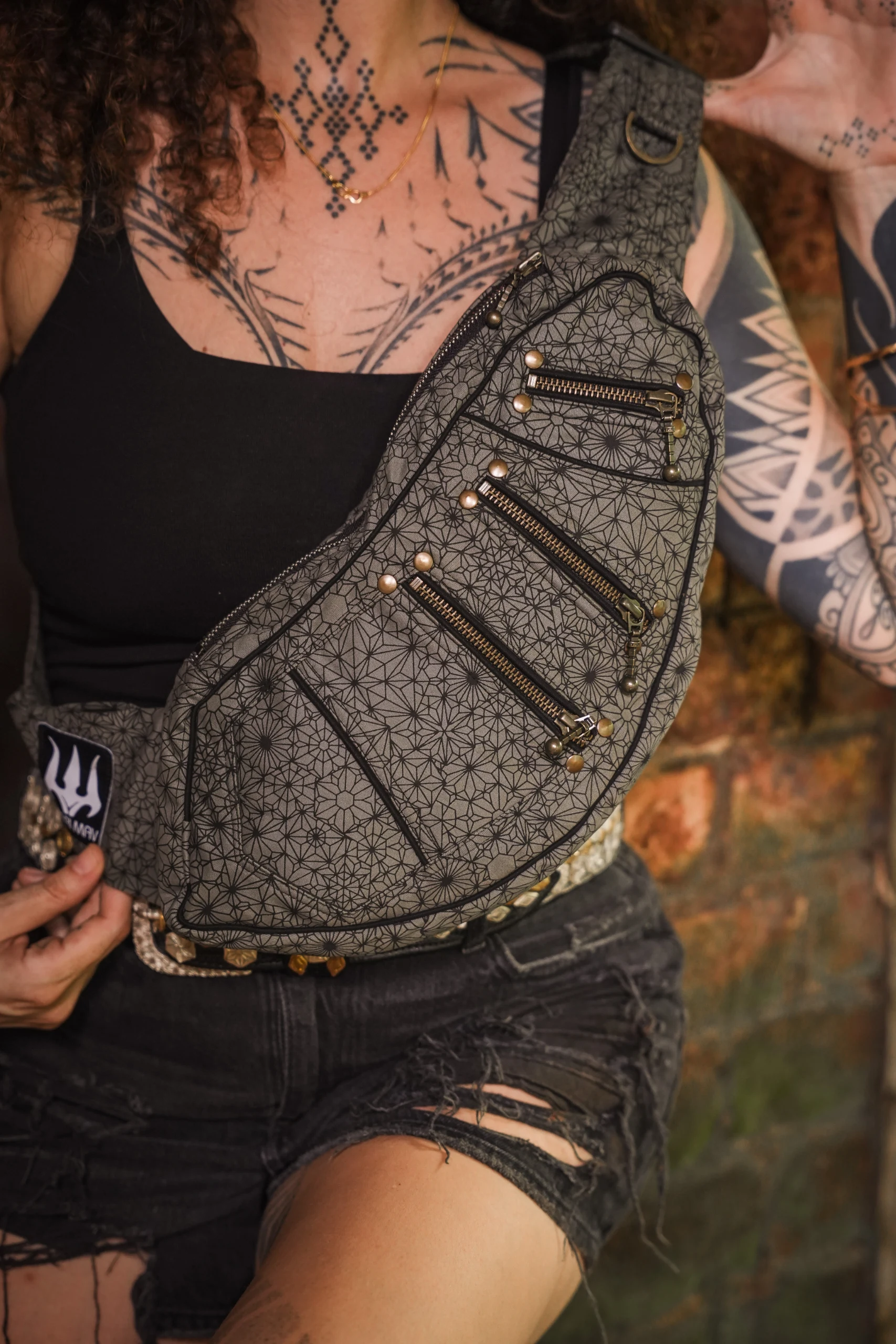 Handmade Olive Psywear Sling Bag, Mandala Geometric Festival Crossbody (Canvas) — view 4