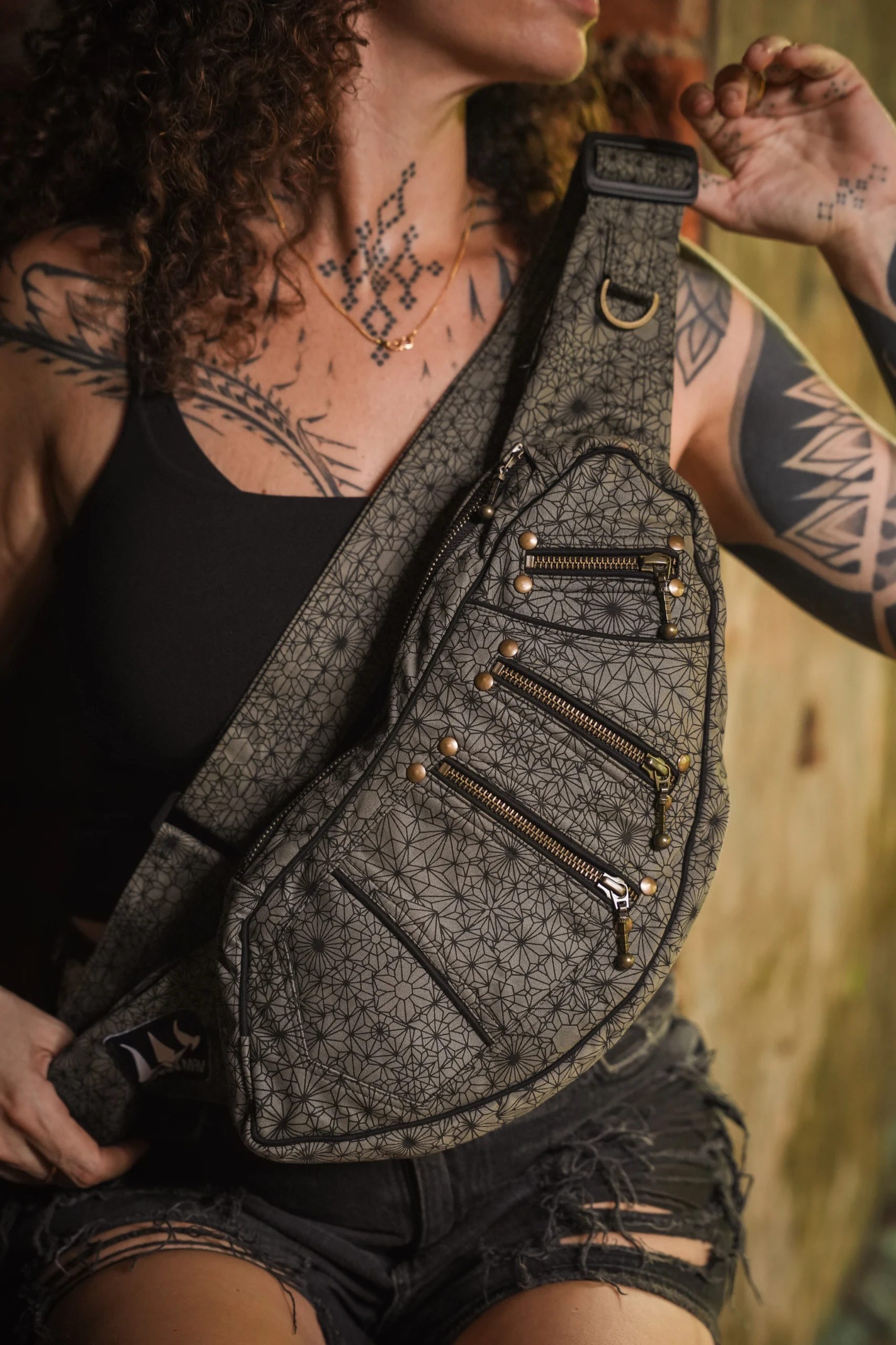 Handmade Olive Psywear Sling Bag, Mandala Geometric Festival Crossbody (Canvas) — view 7