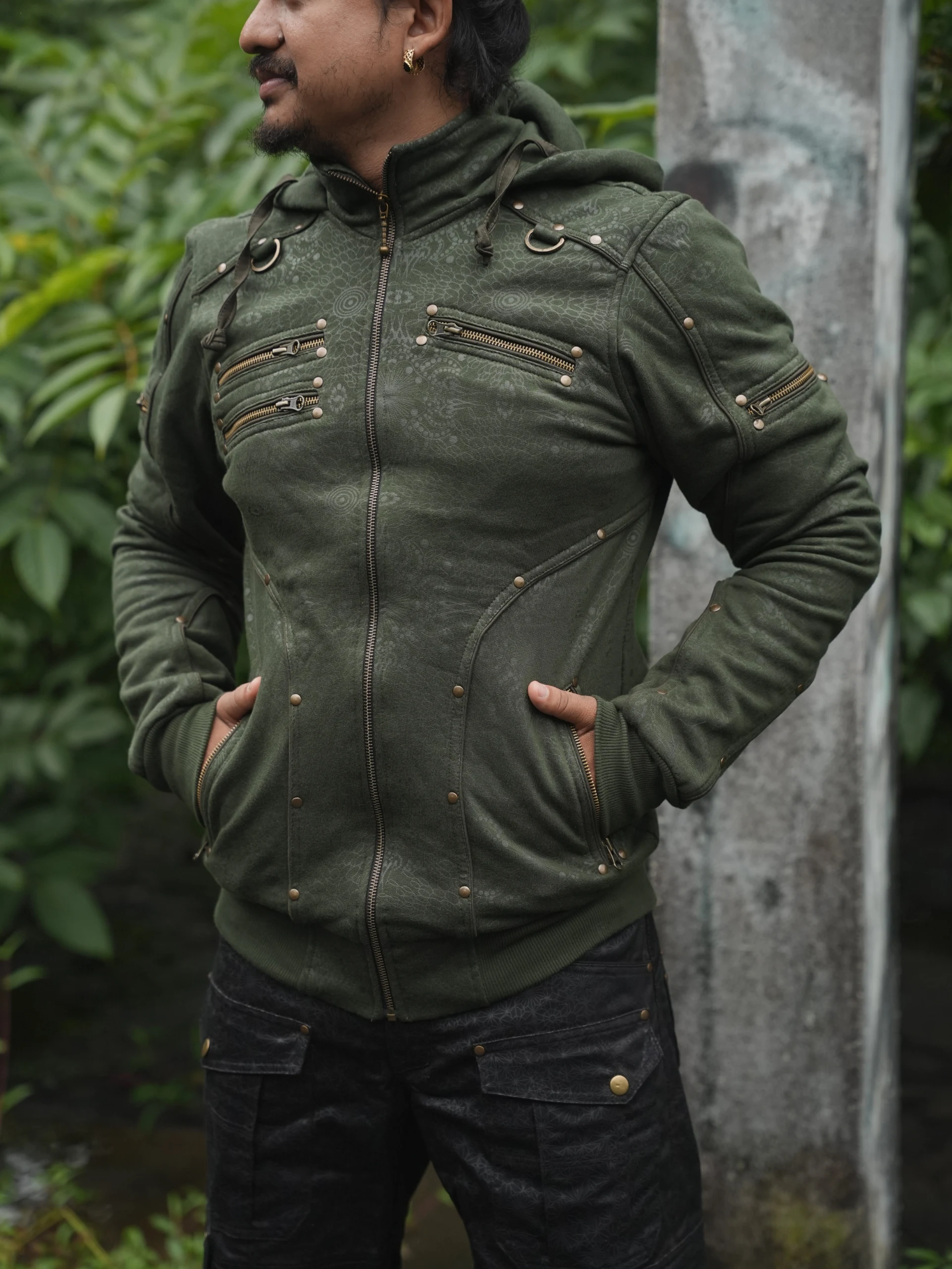 Men's Olive Psychedelic Festival Hoodie, Full Print Cotton Fleece, Rave Streetwear — view 8