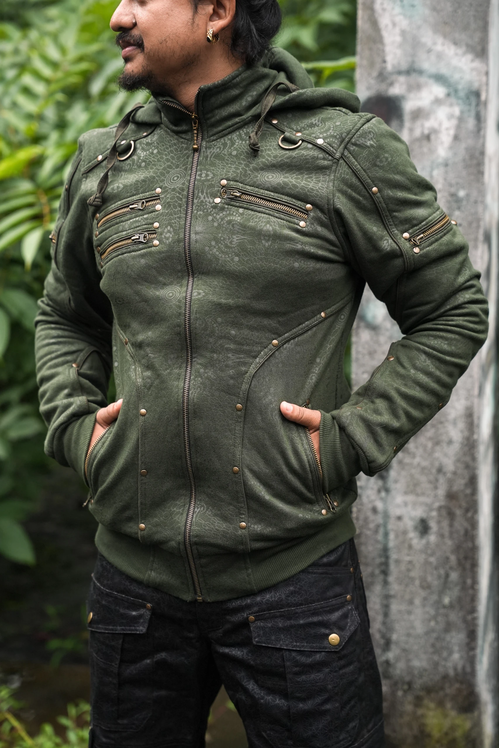 Men's Olive Psychedelic Festival Hoodie, Full Print Cotton Fleece, Rave Streetwear — view 9