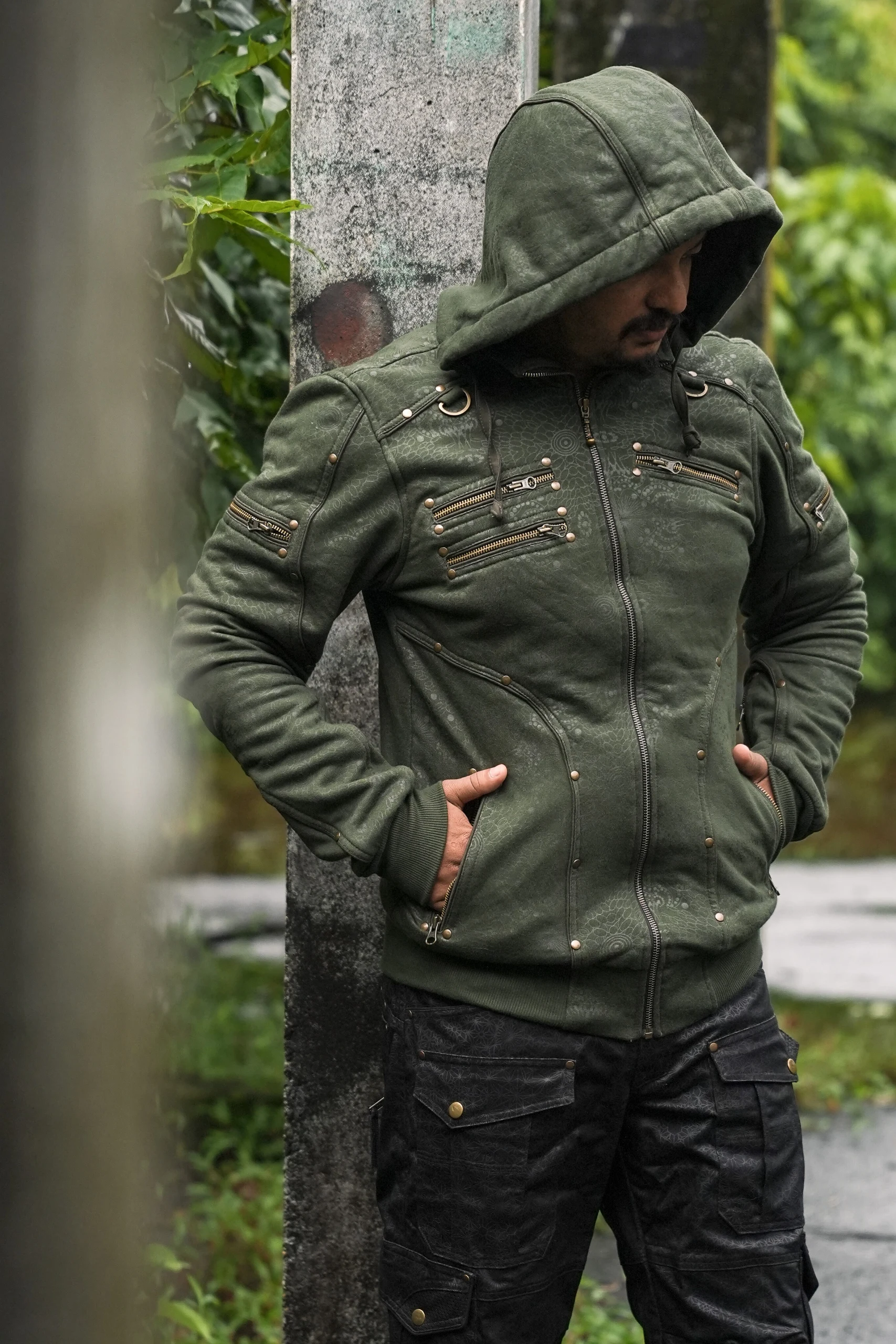 Men's Olive Psychedelic Festival Hoodie, Full Print Cotton Fleece, Rave Streetwear — view 10