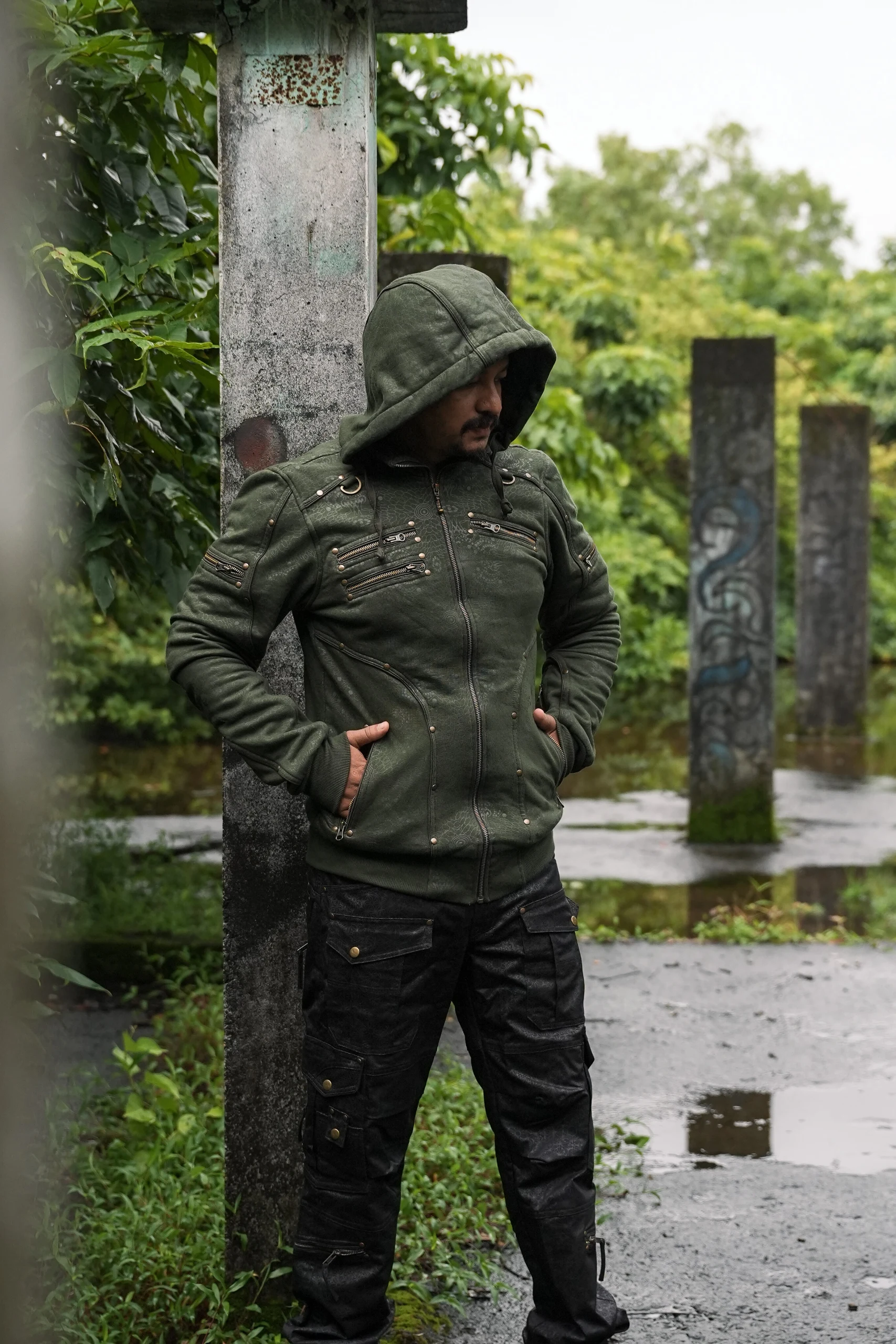 Men's Olive Psychedelic Festival Hoodie, Full Print Cotton Fleece, Rave Streetwear — view 11
