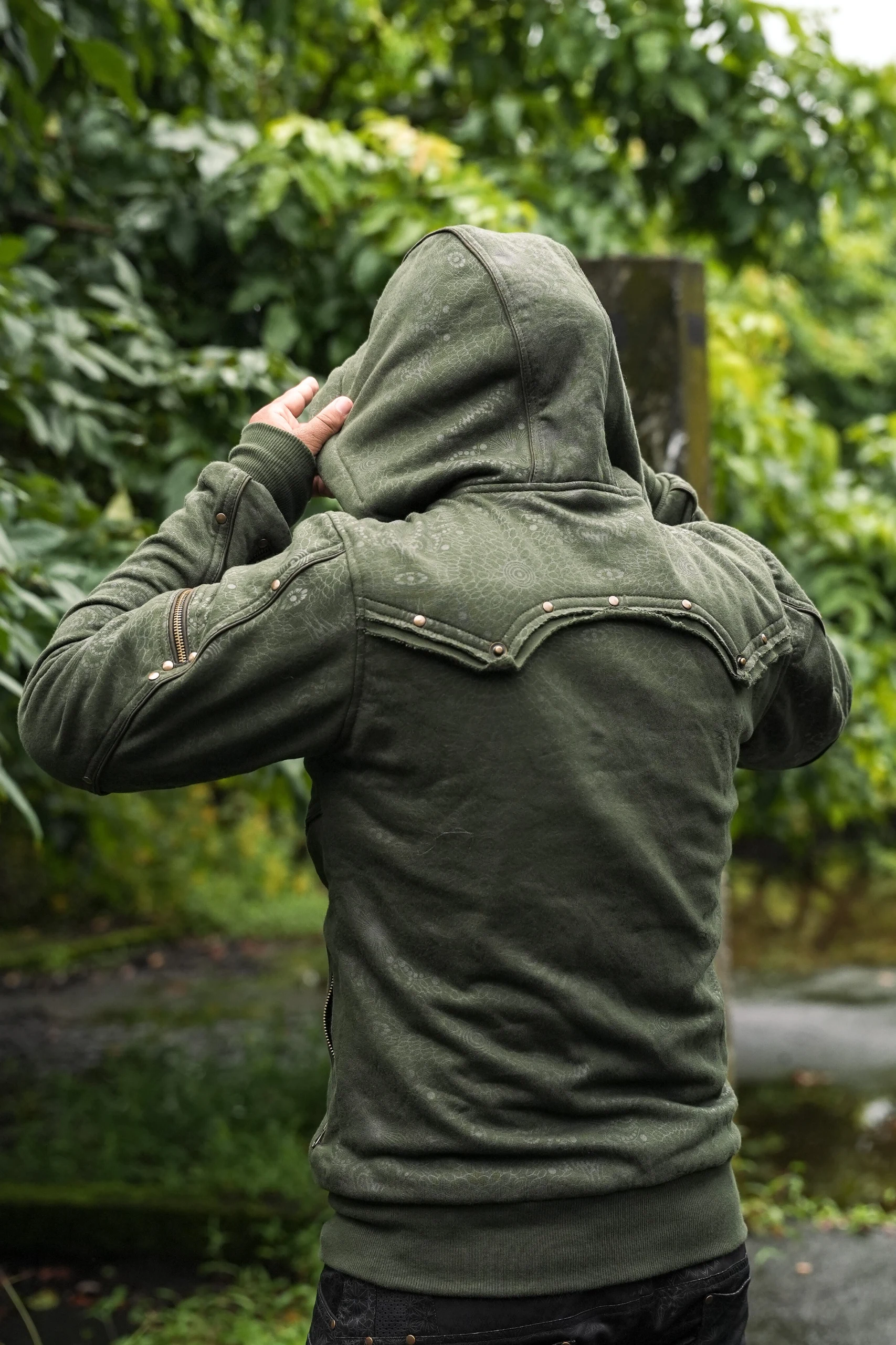 Men's Olive Psychedelic Festival Hoodie, Full Print Cotton Fleece, Rave Streetwear — view 13