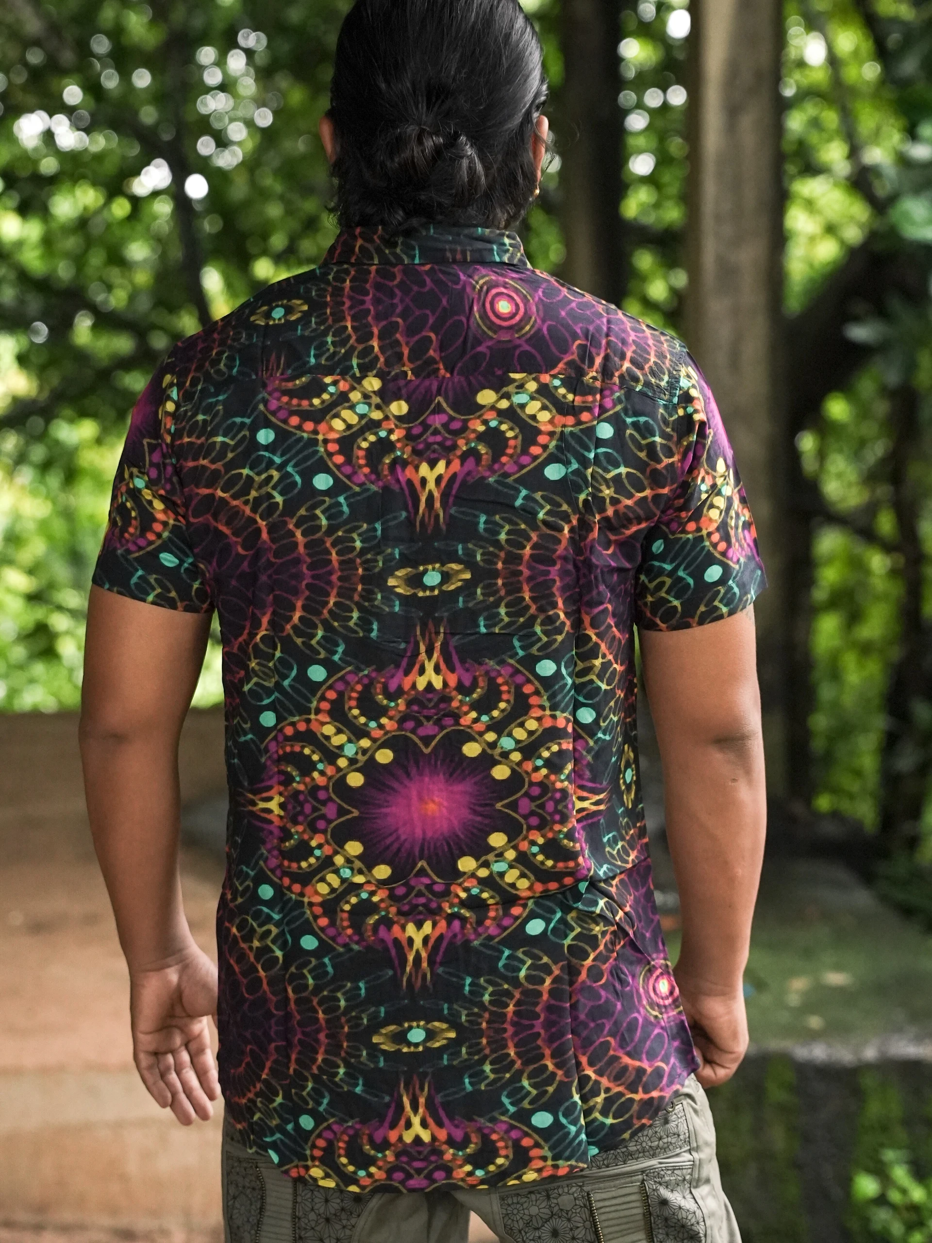 Men's Psychedelic Bamboo Festival Shirt, Full Artwork Print, Lightweight Button Up — view 3
