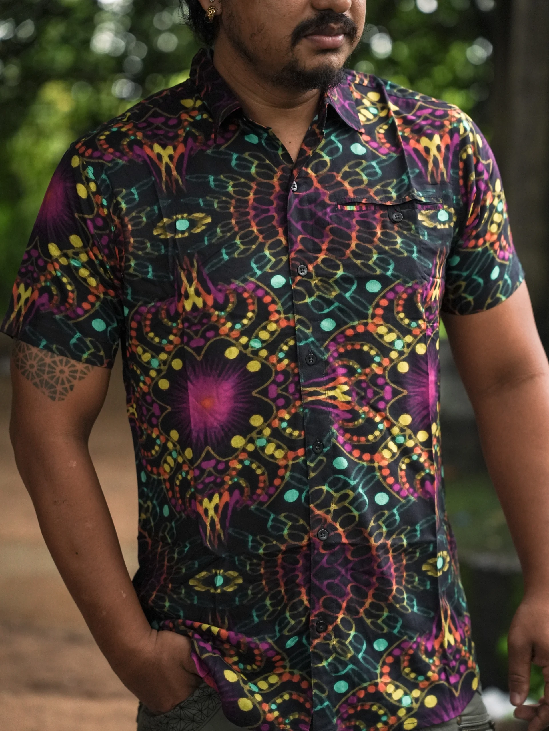 Men's Psychedelic Bamboo Festival Shirt, Full Artwork Print, Lightweight Button Up — view 6