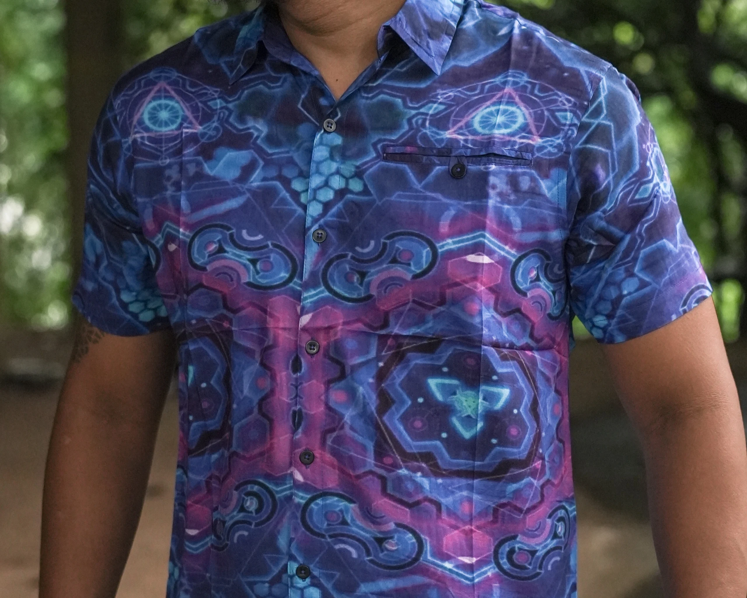 Men's Hexagon Psychedelic Bamboo Shirt, Geometric Festival Rave Wear (100% Bamboo)