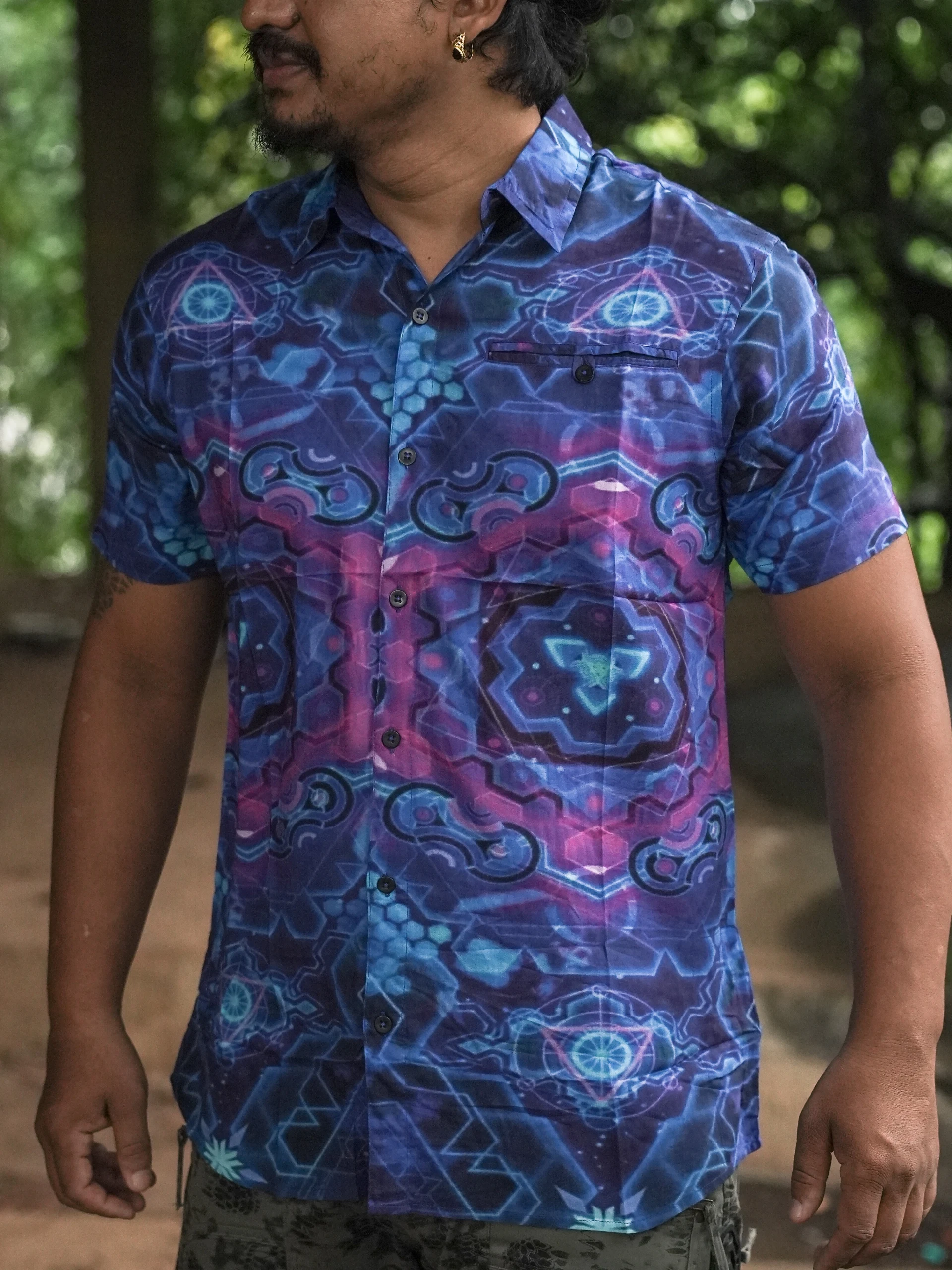 Men's Hexagon Psychedelic Bamboo Shirt, Geometric Festival Rave Wear (100% Bamboo) — view 3