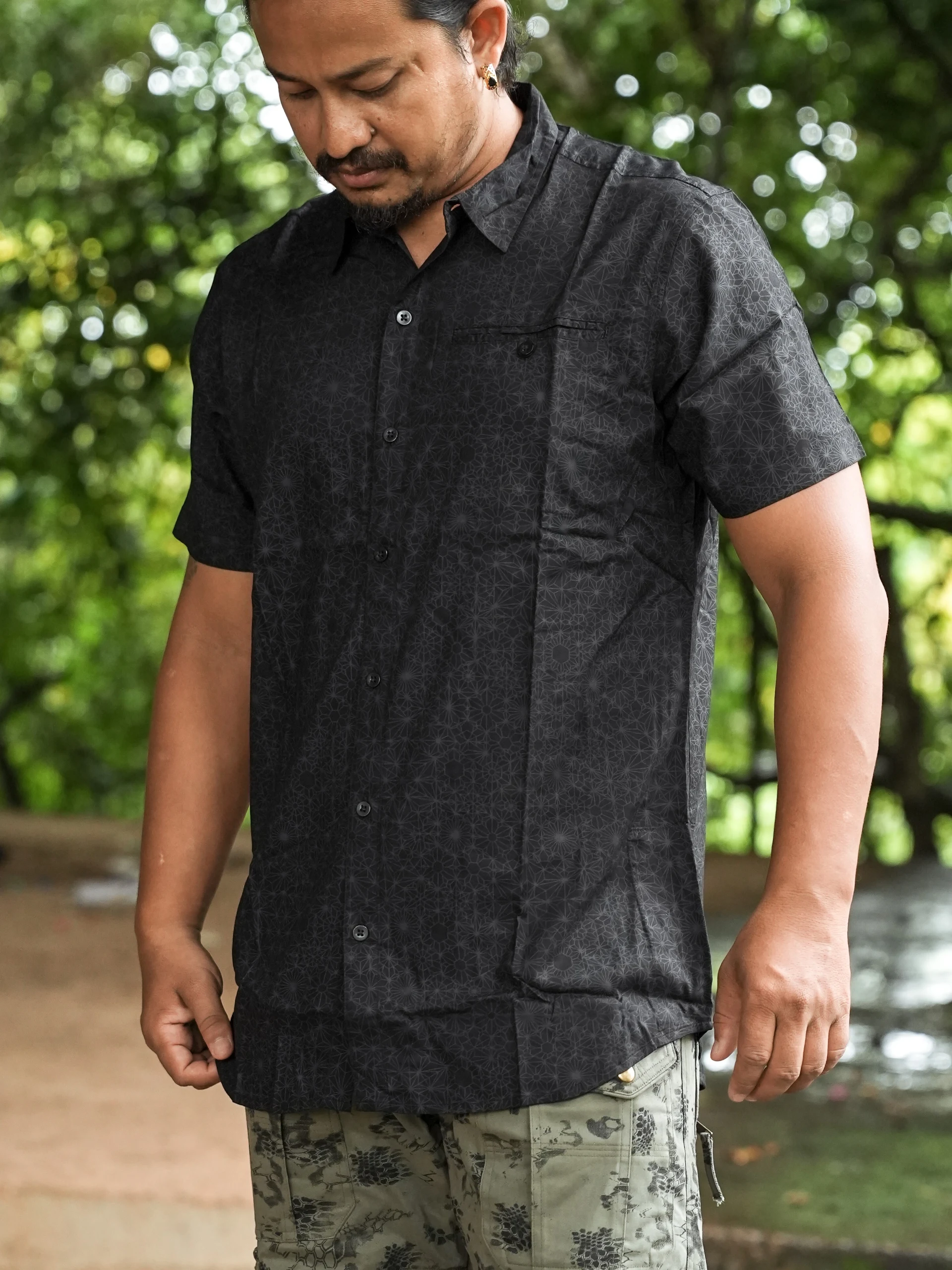 Men's Bamboo Festival Shirt, Abstract Geometric Psychedelic Print, Lightweight Boho Rave Wear — view 6
