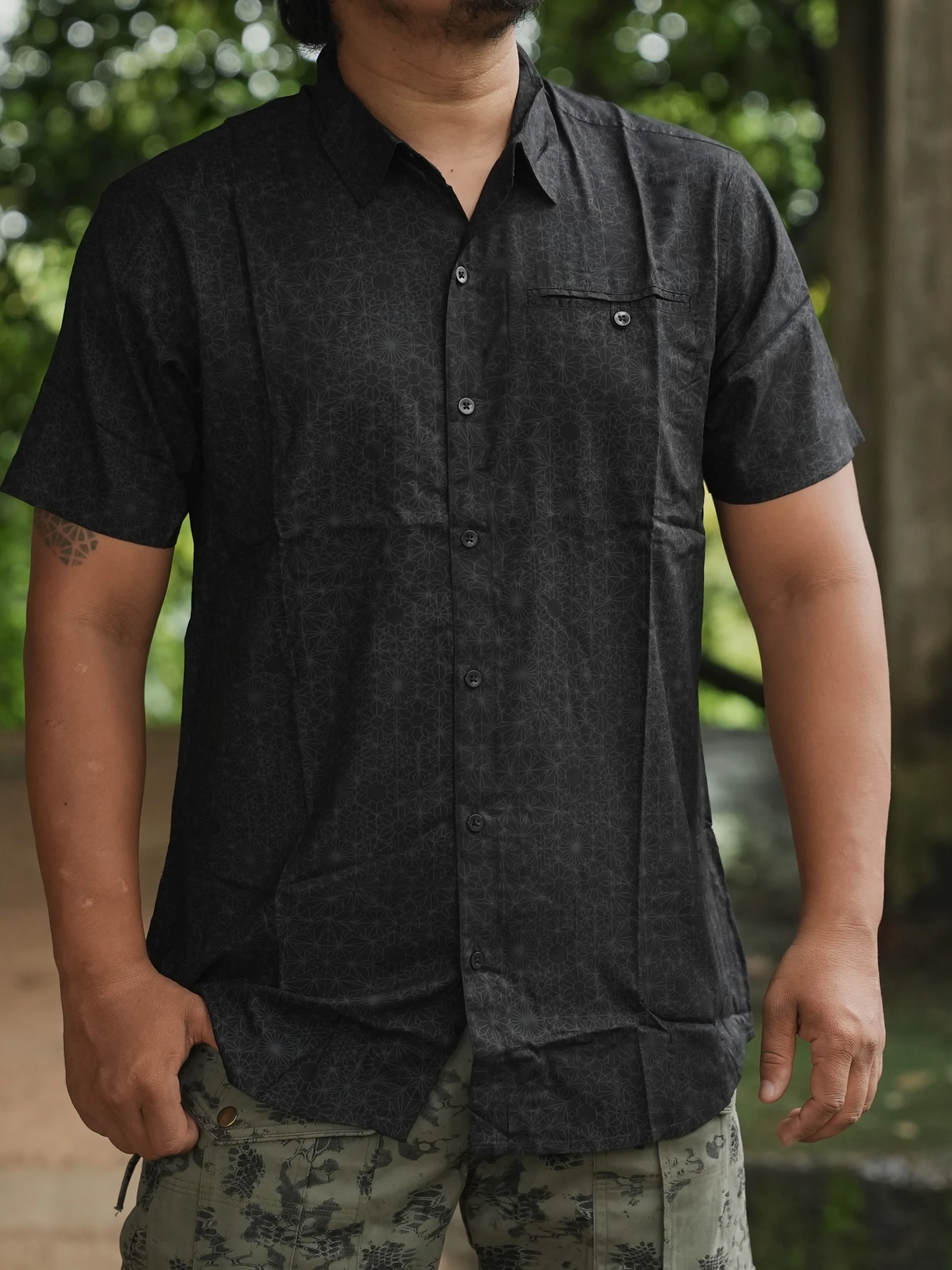 Men's Bamboo Festival Shirt, Abstract Geometric Psychedelic Print, Lightweight Boho Rave Wear — view 7