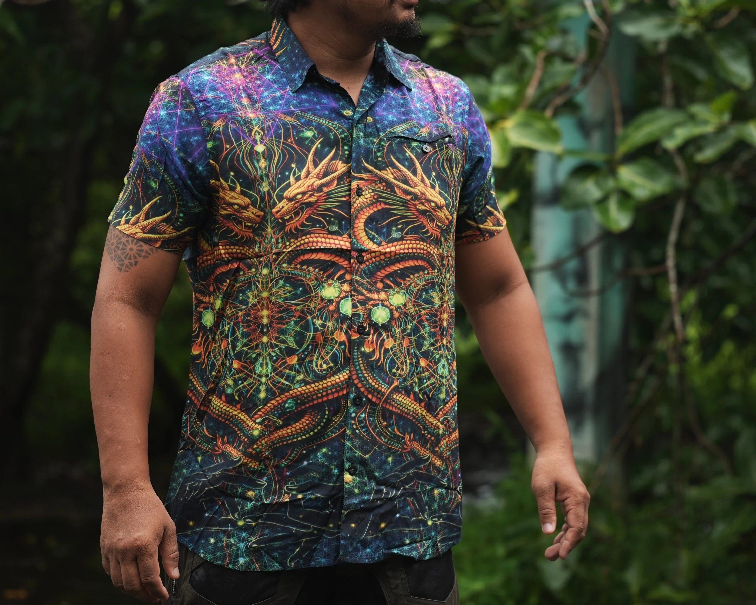 Psychedelic Dragon Bamboo Shirt, All-Over Mythical Art, Festival Wear (100% Bamboo)