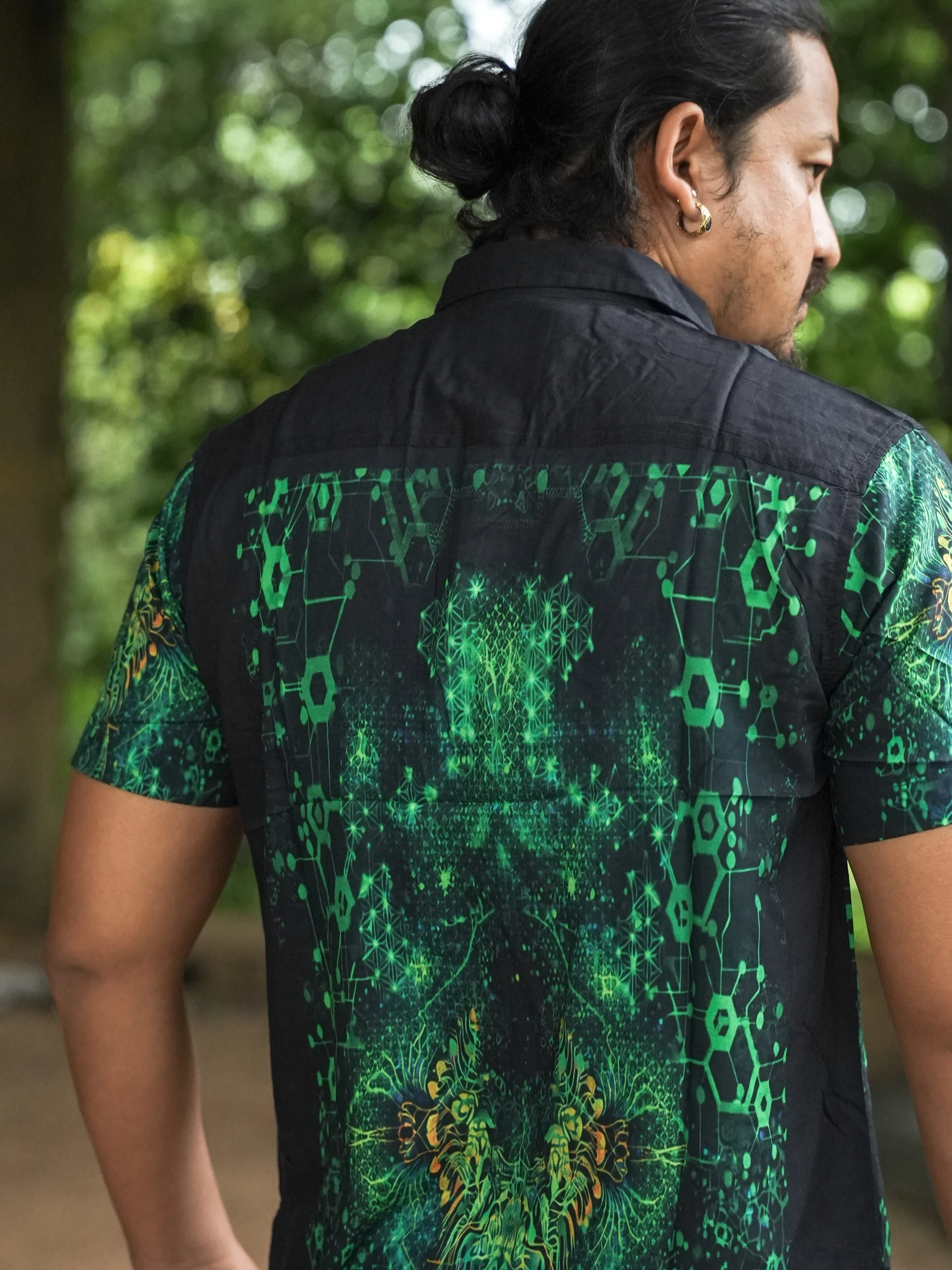 Dark Psychedelic Bamboo Shirt, Mystical Festival Wear, Green All-Over Print (100% Bamboo) — view 6