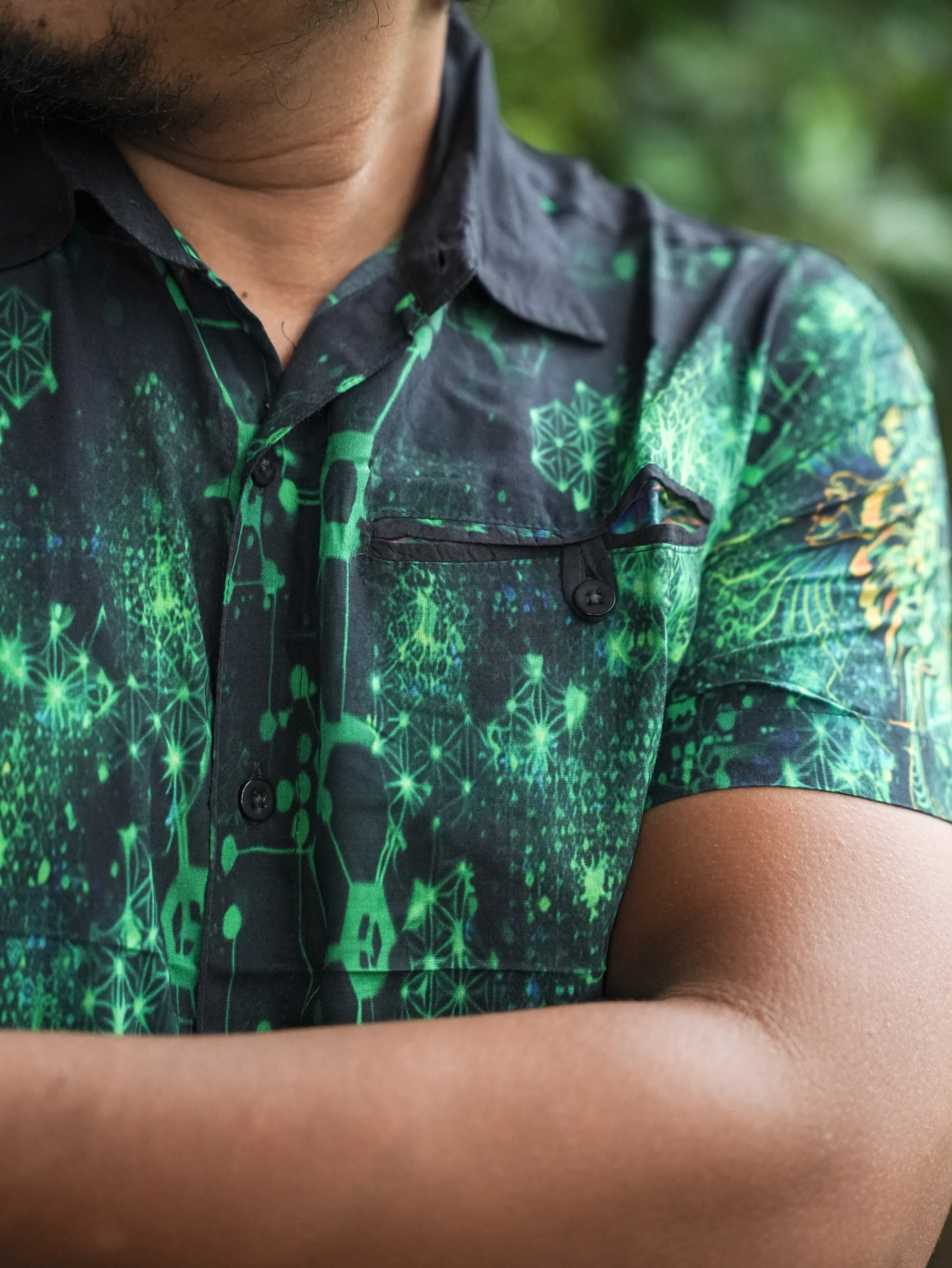 Dark Psychedelic Bamboo Shirt, Mystical Festival Wear, Green All-Over Print (100% Bamboo) — view 8