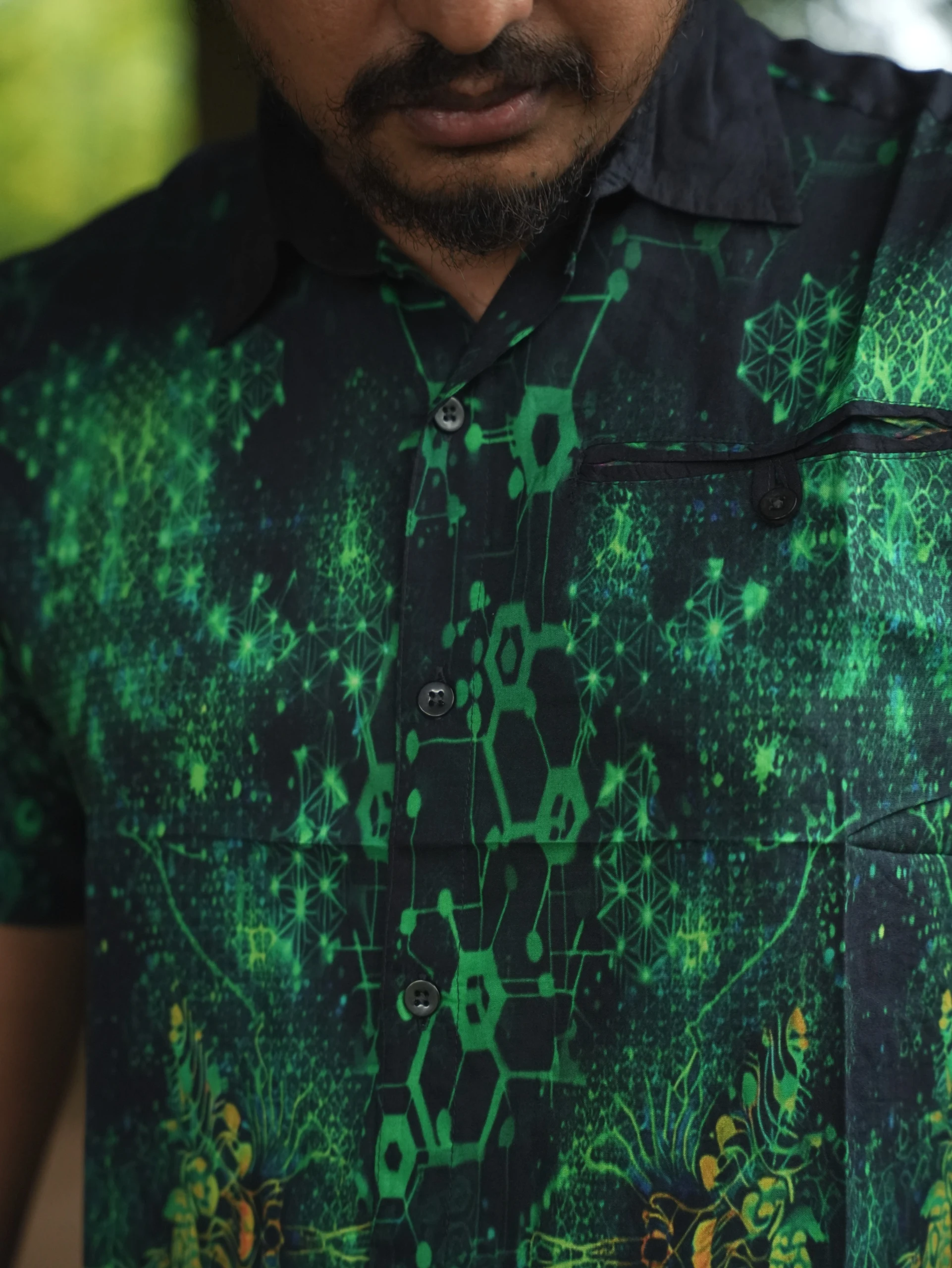 Dark Psychedelic Bamboo Shirt, Mystical Festival Wear, Green All-Over Print (100% Bamboo) — view 9
