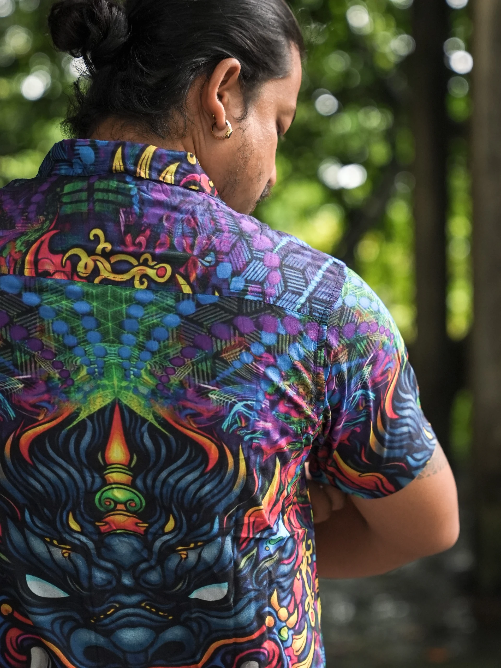 Dark Fantasy Bamboo Shirt, Psychedelic Creature Print, Blue Purple Festival Wear — view 3