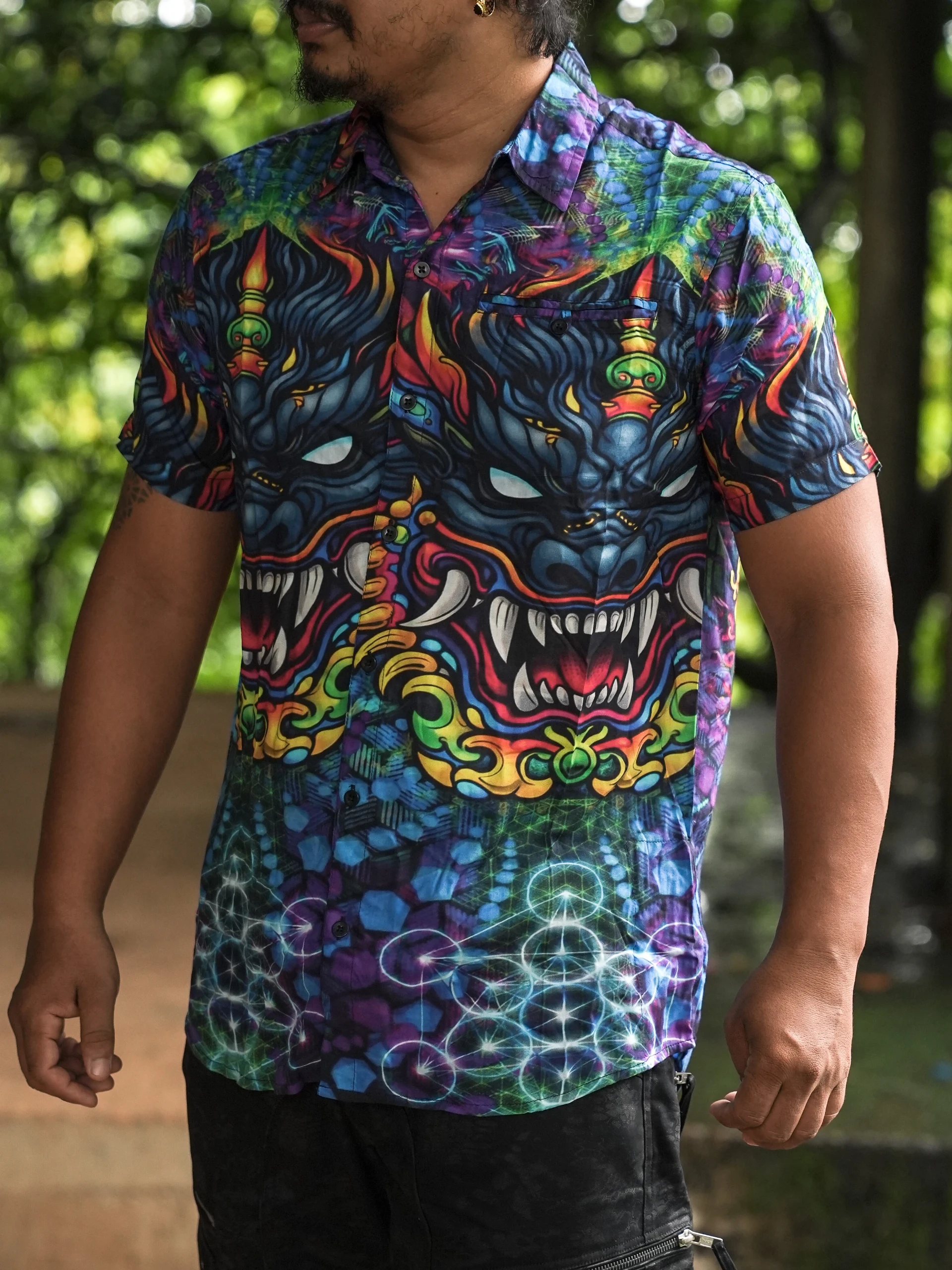 Dark Fantasy Bamboo Shirt, Psychedelic Creature Print, Blue Purple Festival Wear — view 4