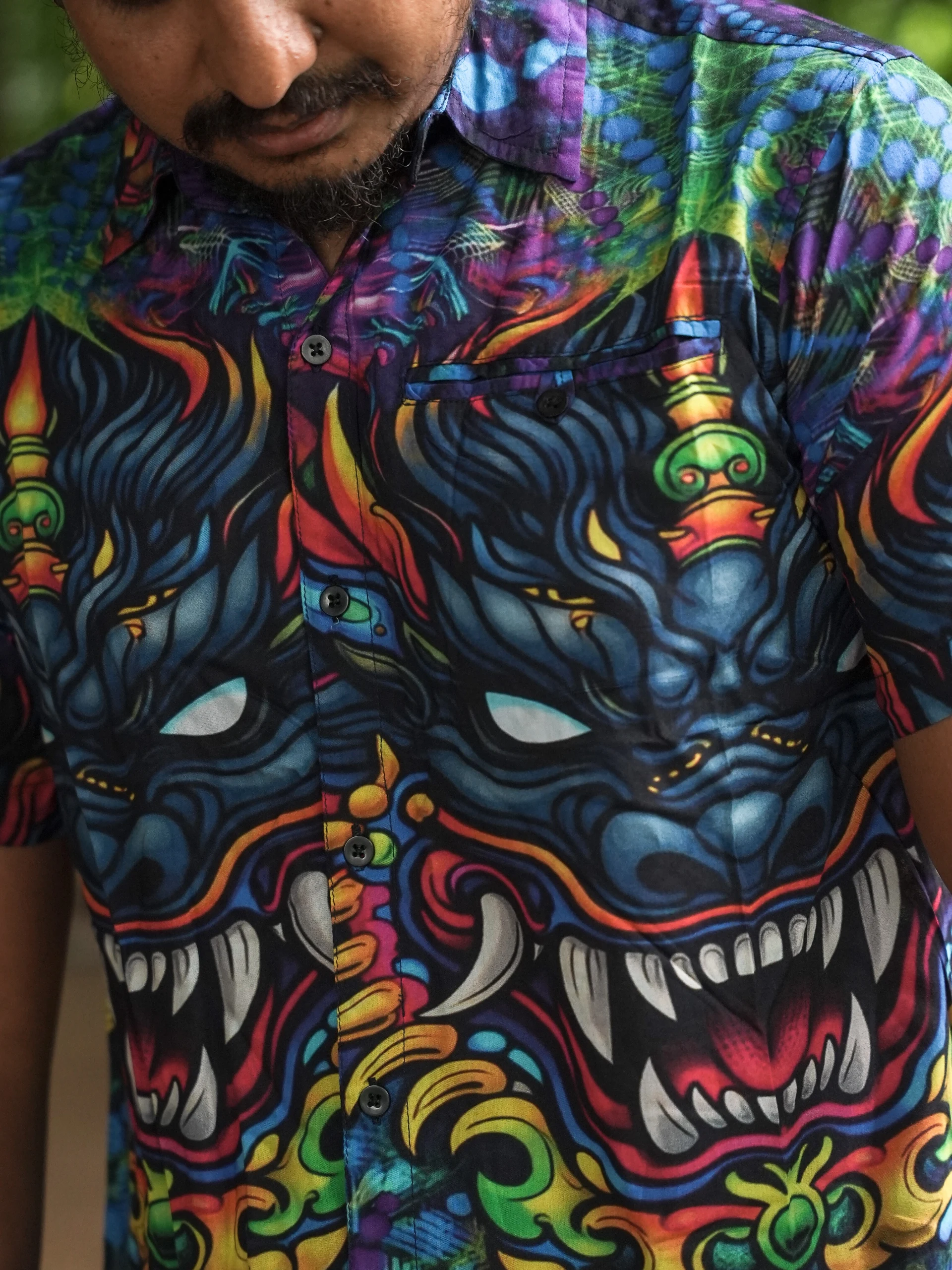 Dark Fantasy Bamboo Shirt, Psychedelic Creature Print, Blue Purple Festival Wear — view 5