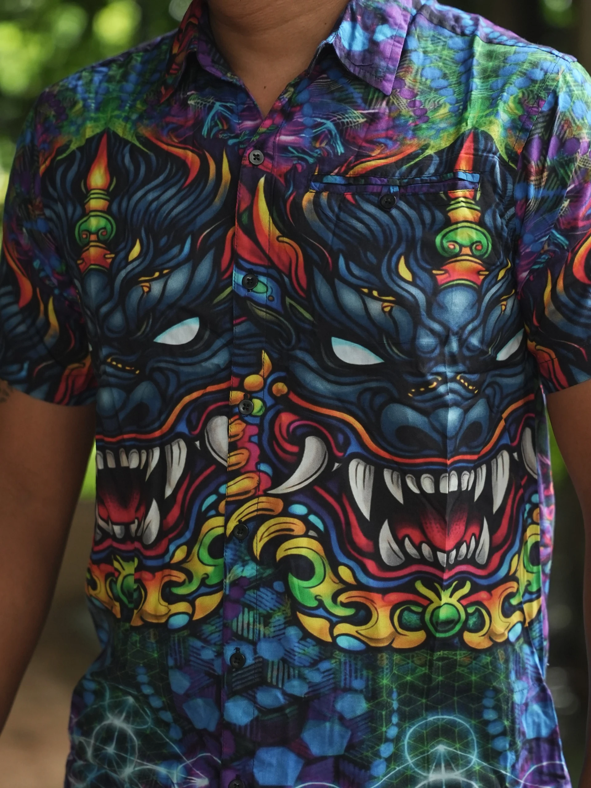 Dark Fantasy Bamboo Shirt, Psychedelic Creature Print, Blue Purple Festival Wear — view 6