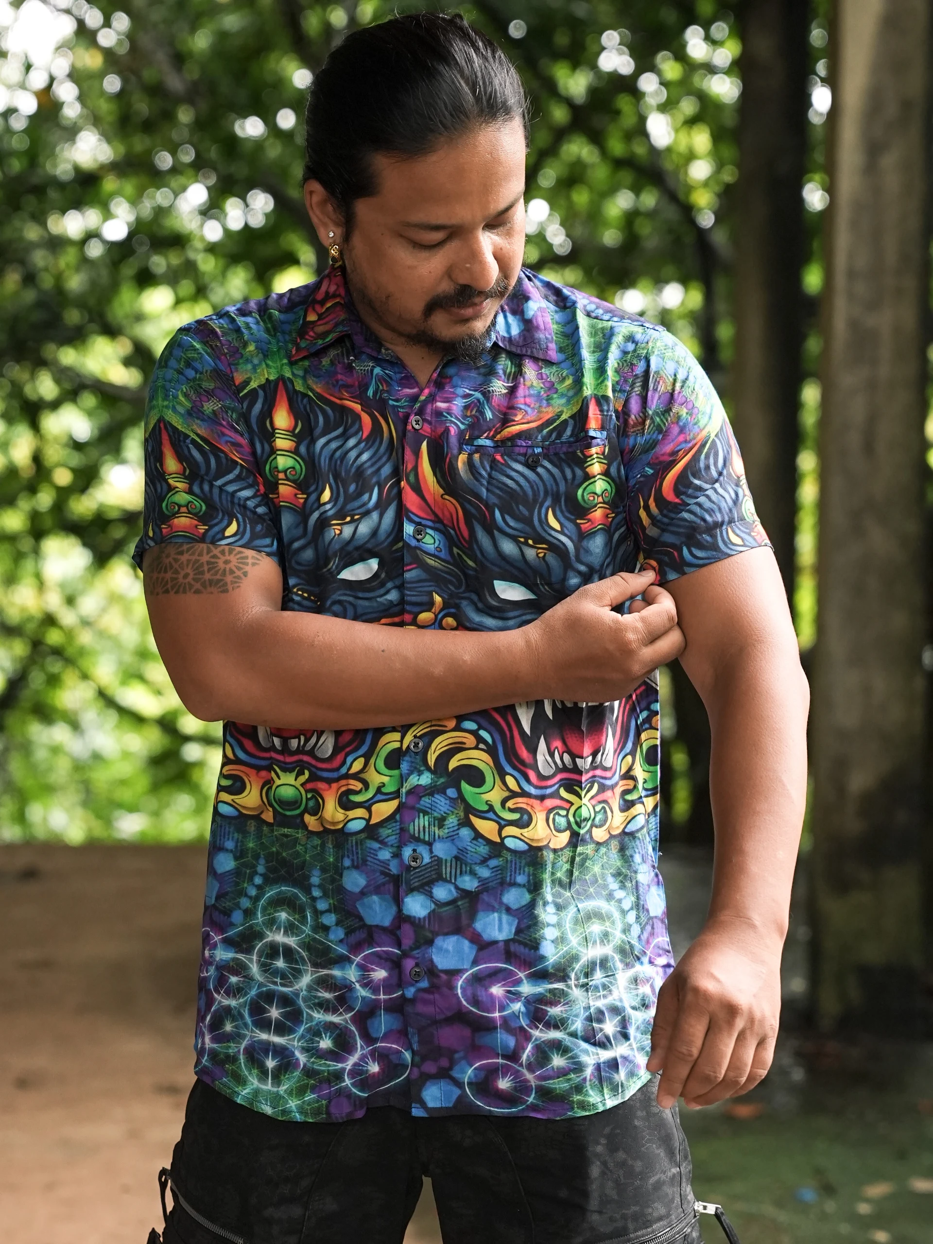 Dark Fantasy Bamboo Shirt, Psychedelic Creature Print, Blue Purple Festival Wear — view 7